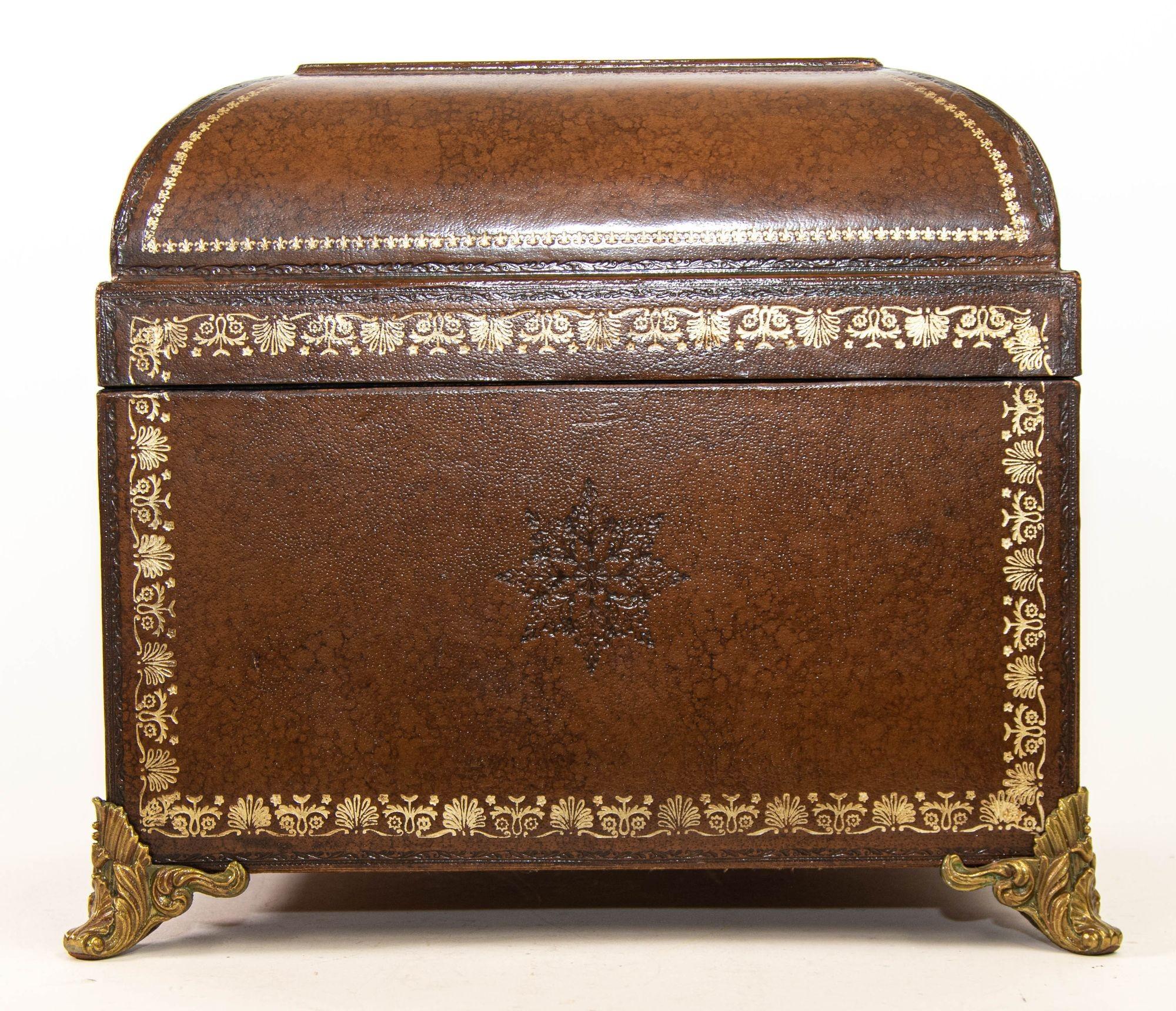 Napoleon III Italian Brown Wrapped Leather Table Box with Gold Tooling and Brass Feet For Sale
