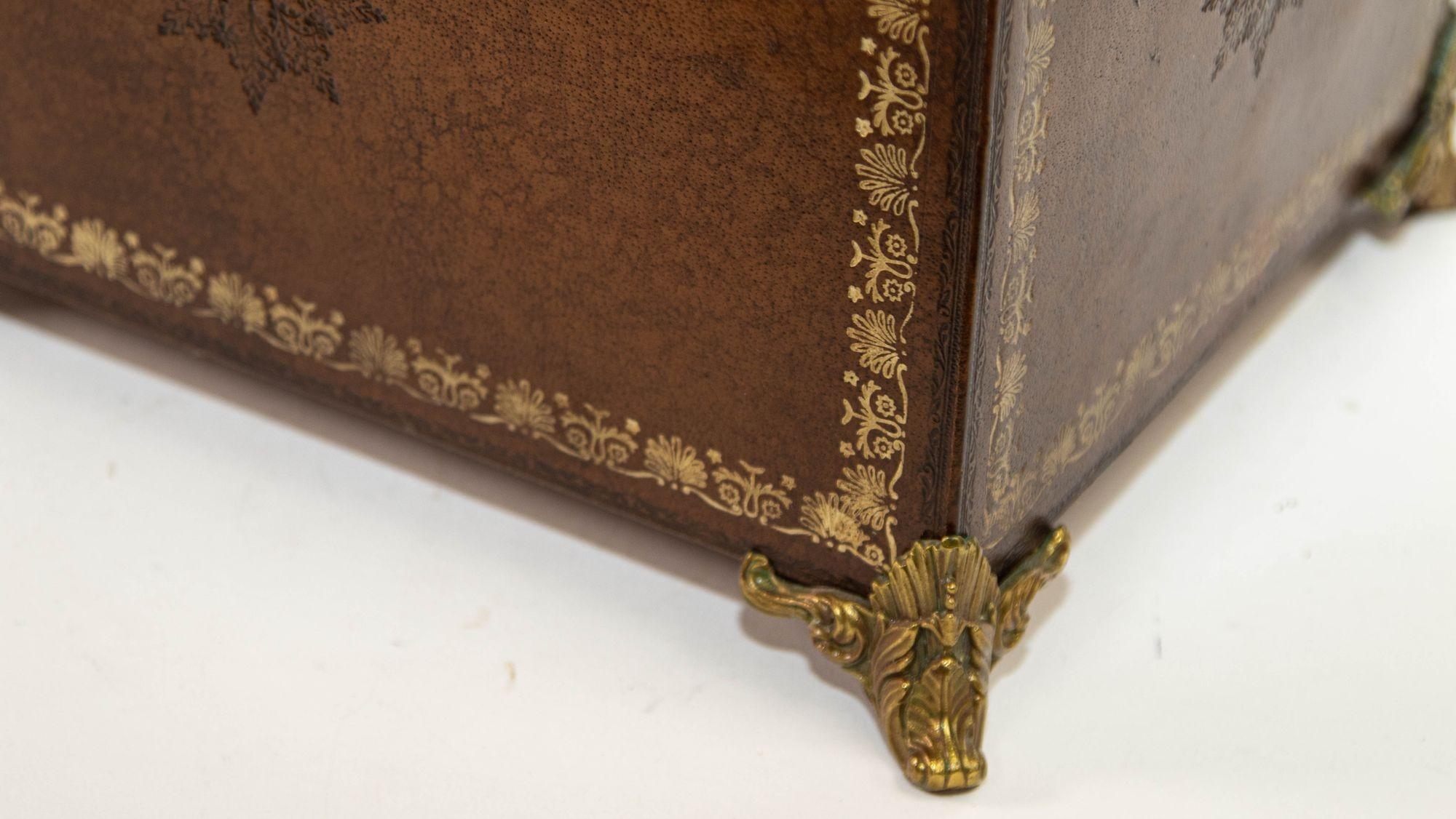 Gilt Italian Brown Wrapped Leather Table Box with Gold Tooling and Brass Feet For Sale