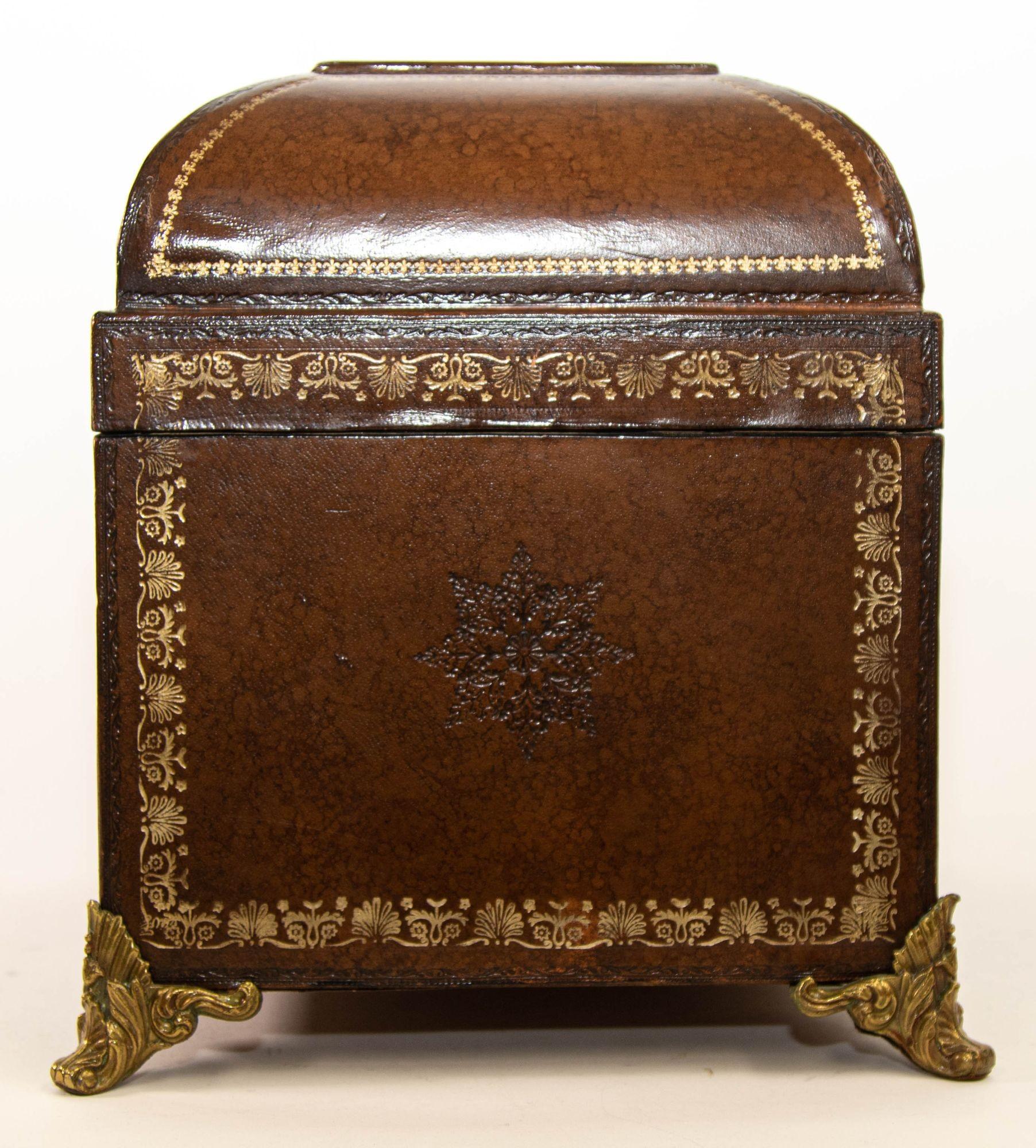 20th Century Italian Brown Wrapped Leather Table Box with Gold Tooling and Brass Feet For Sale