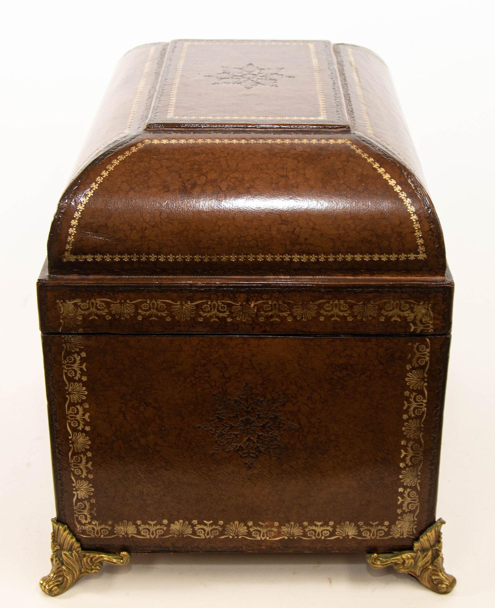 Italian Brown Wrapped Leather Table Box with Gold Tooling and Brass Feet For Sale 2