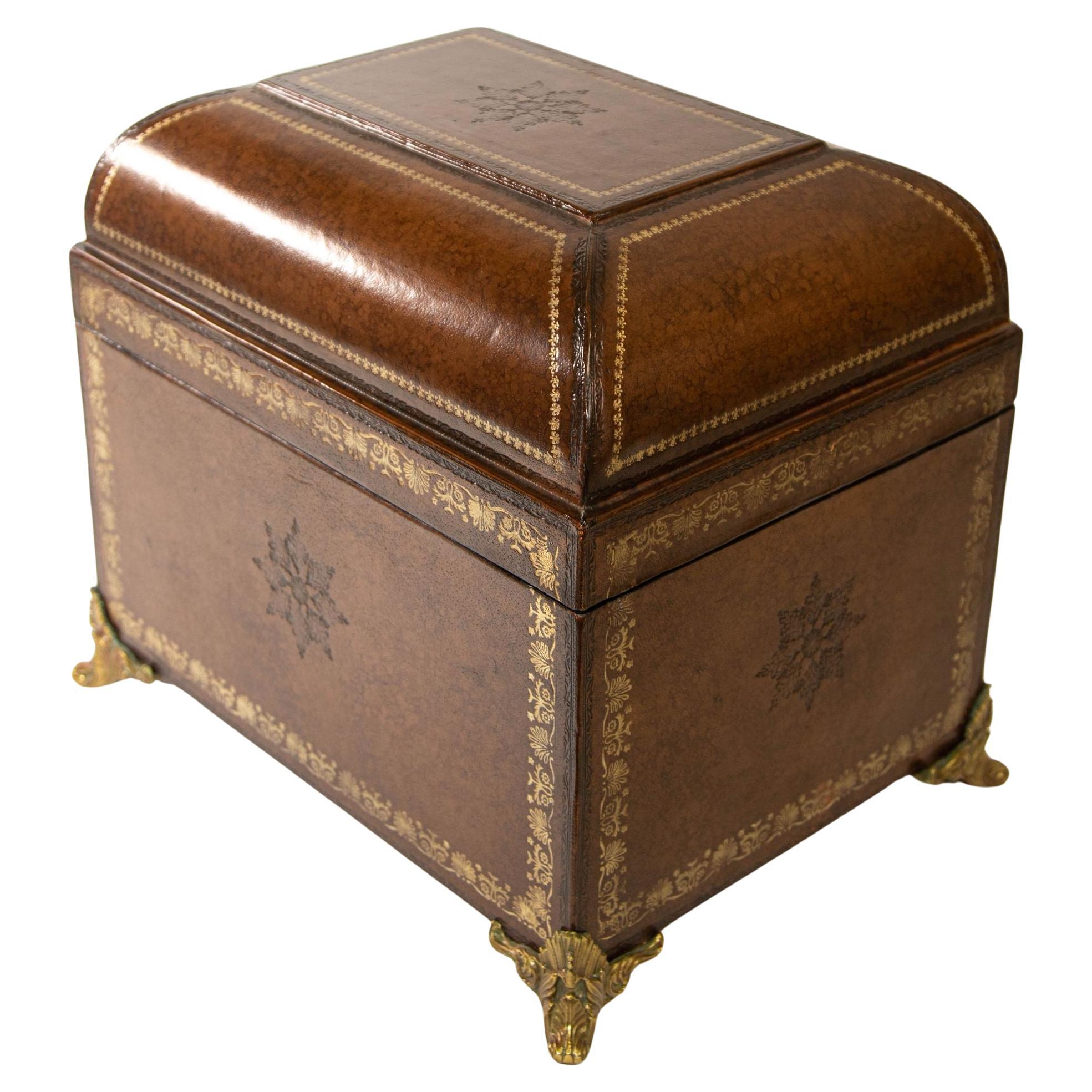 Italian Brown Wrapped Leather Table Box with Gold Tooling and Brass Feet For Sale