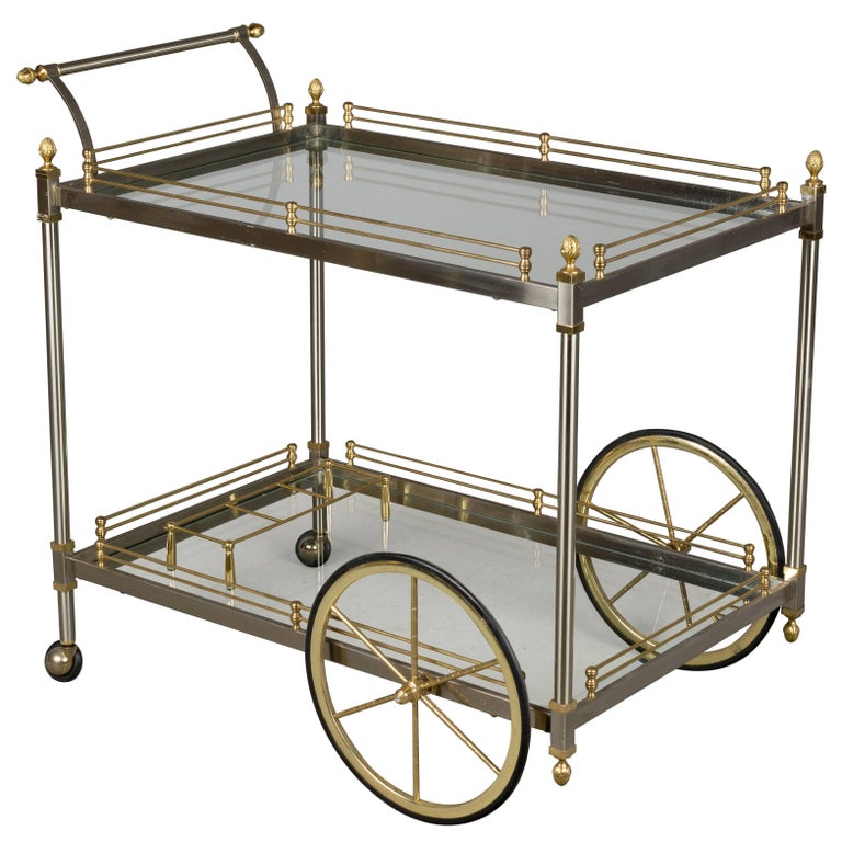Vintage Italian Brushed Nickel Bar Cart with Bottle Insert and Shelves