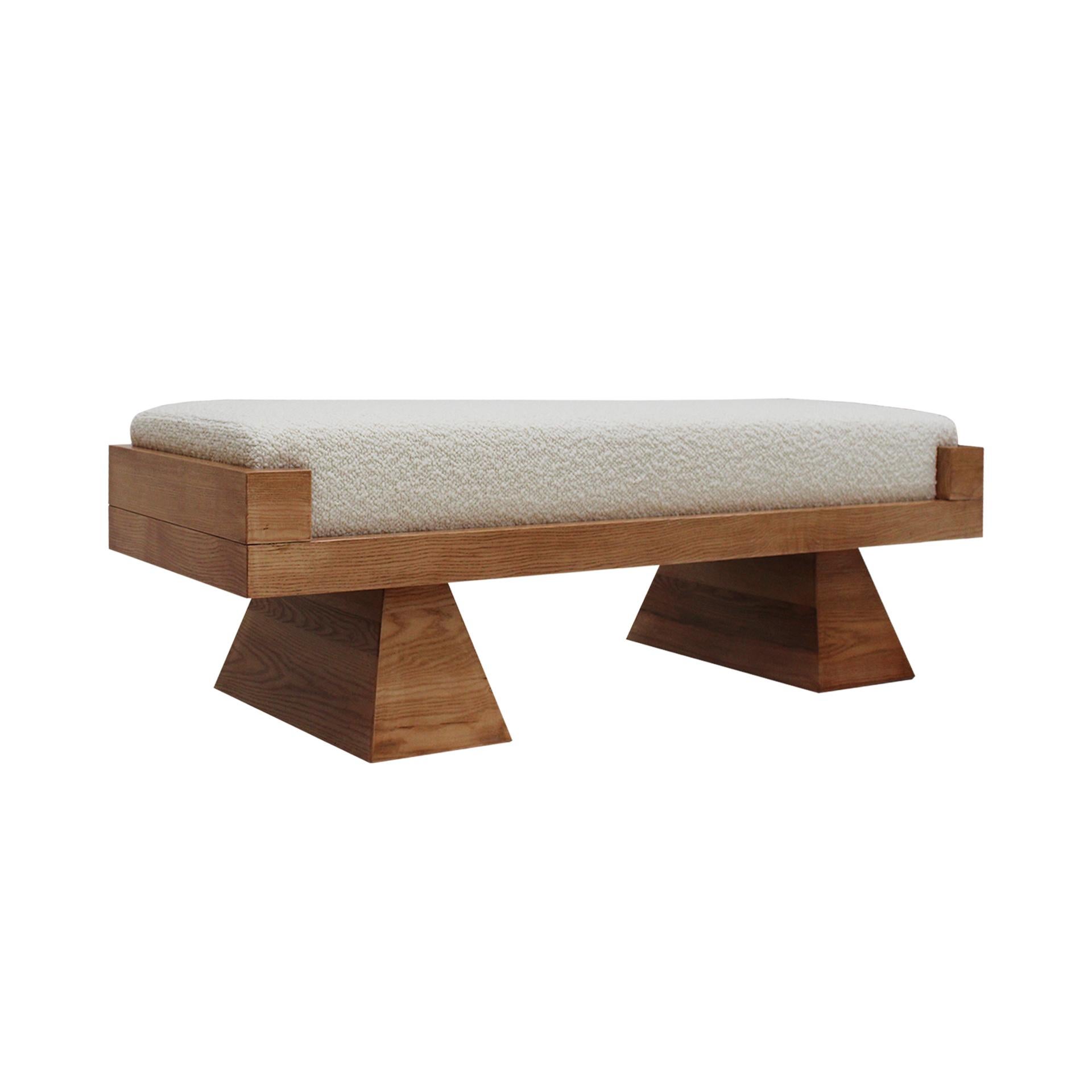 Hand-Crafted Italian Brutalist Bench in Solid Oak and Wool Bouclé For Sale
