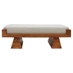 Italian Brutalist Bench in Solid Oak and Wool Bouclé