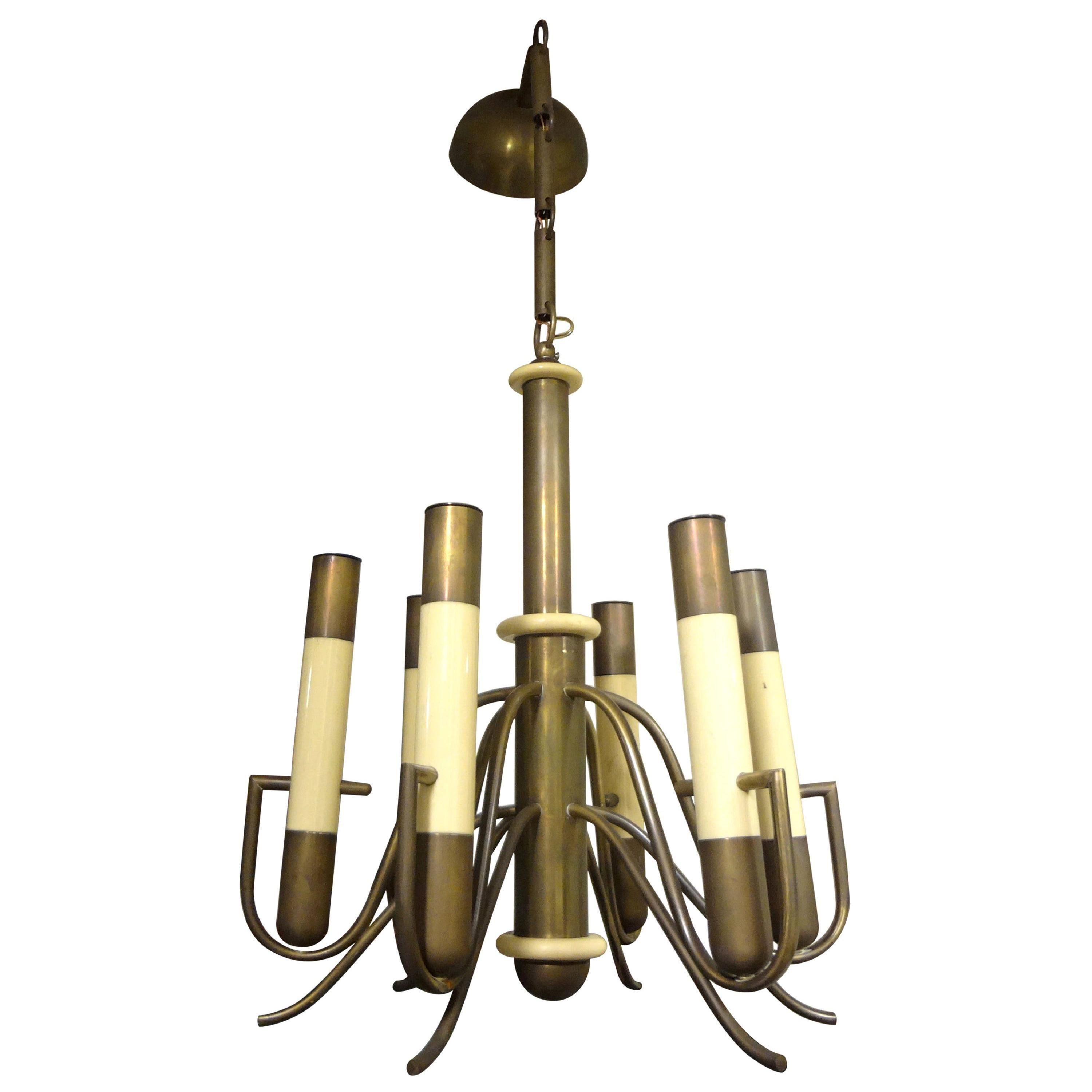 Italian Brutalist Brass and Bakelite Chandelier by Nucleo Forme For Sale