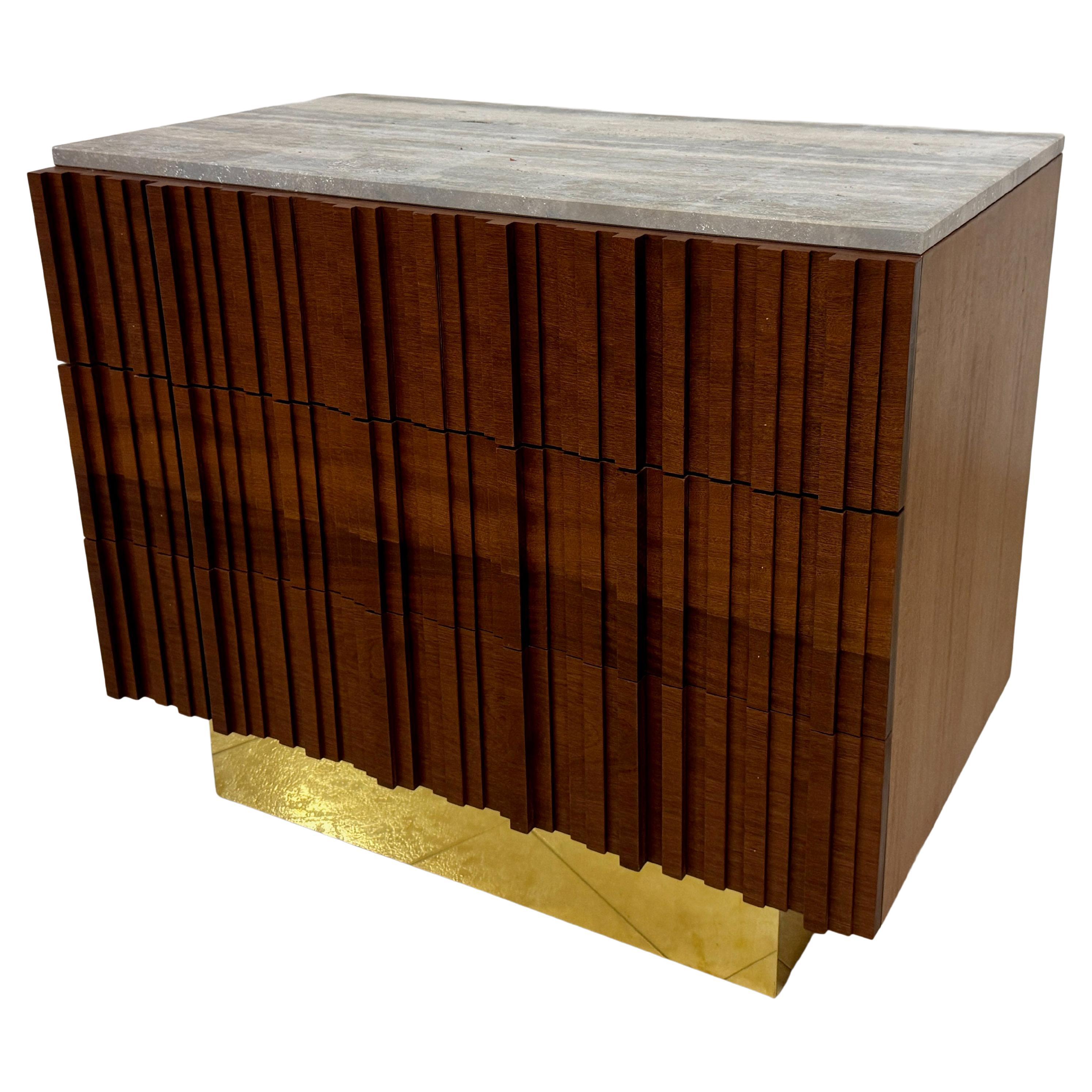 Italian Brutalist Chest of Drawers with Travertine top and Brass Base