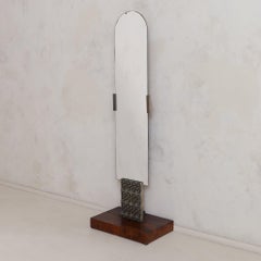 Italian Brutalist Floor Mirror with Embossed Metal + Wood Base, 1970s