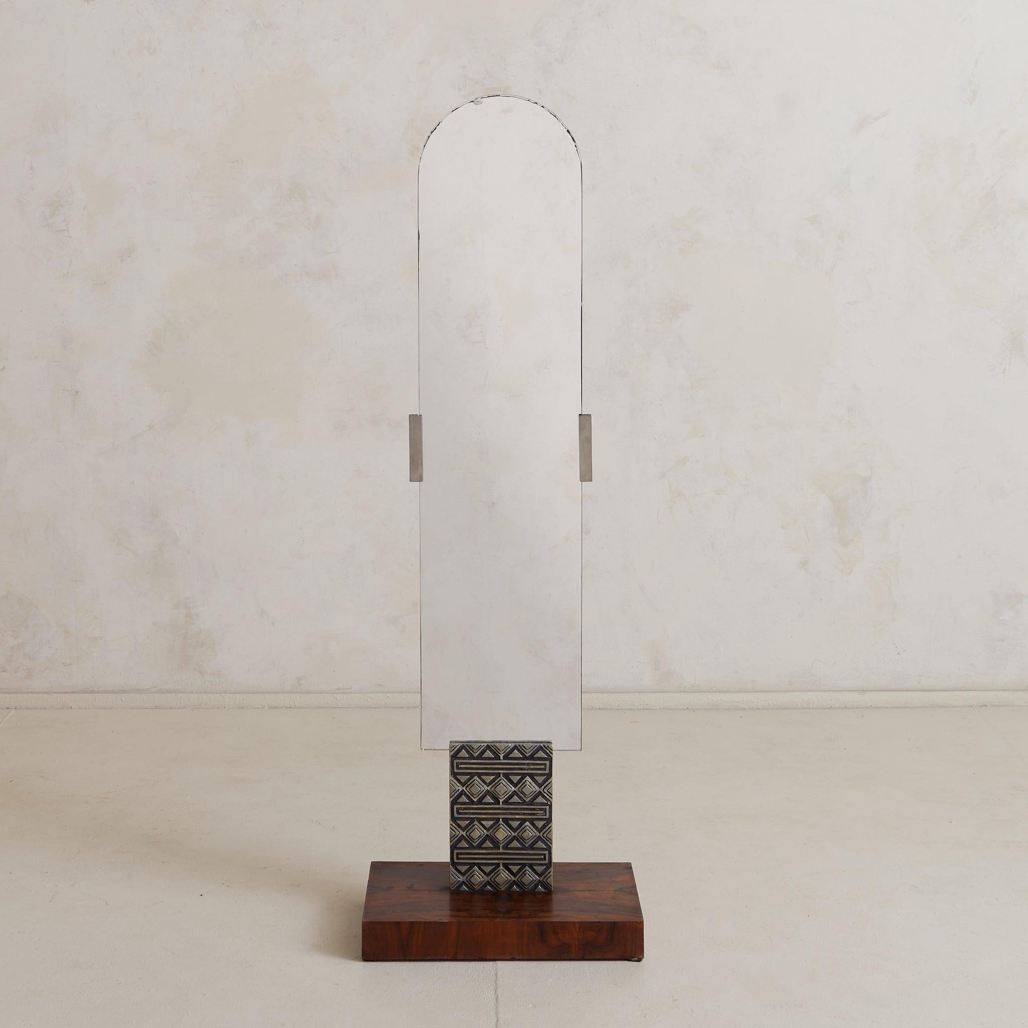 Brutalismo Italian Brutalist Floor Mirror with Embossed Metal + Wood Base, 1970s in vendita