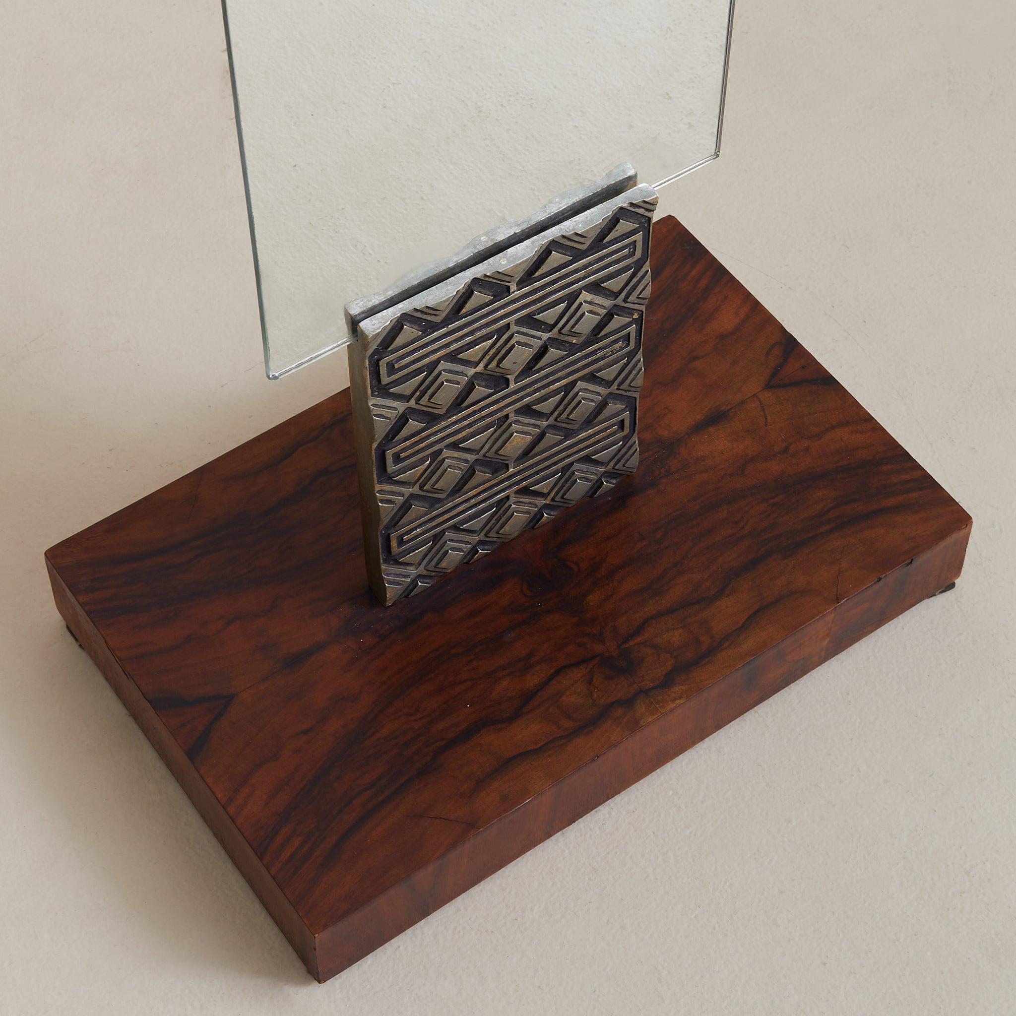 Fine XX secolo Italian Brutalist Floor Mirror with Embossed Metal + Wood Base, 1970s in vendita