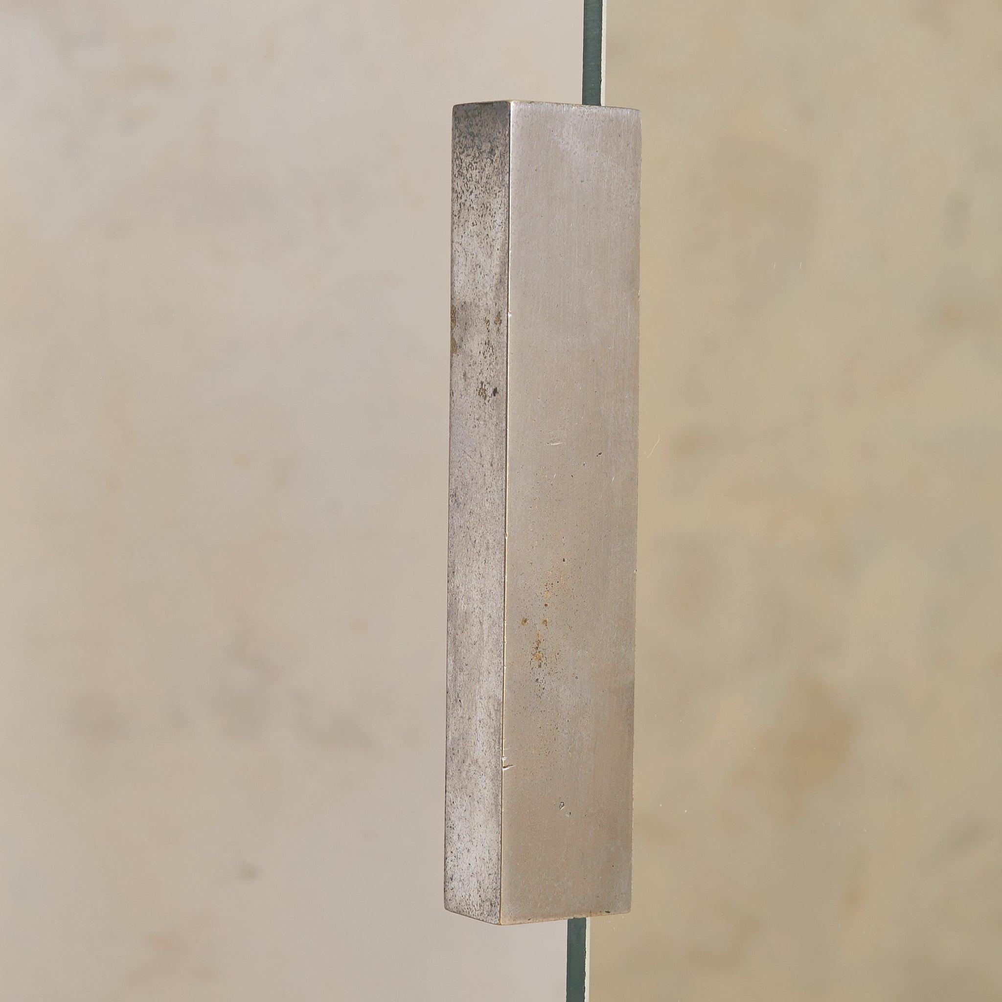 Specchio Italian Brutalist Floor Mirror with Embossed Metal + Wood Base, 1970s in vendita