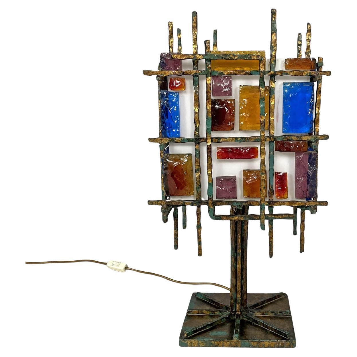 Italian brutalist geometric brass and colored glass table lamp, 1950s For Sale