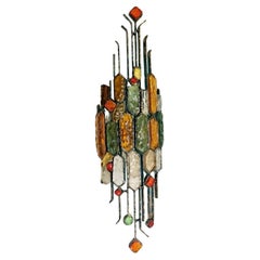 Italian Brutalist Hammered Glass and Wrought Iron Sconce by Longobard, Italy 70s