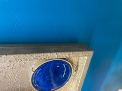 Italian Brutalist Metal Mirror with Cobalt Blue Glass Accents