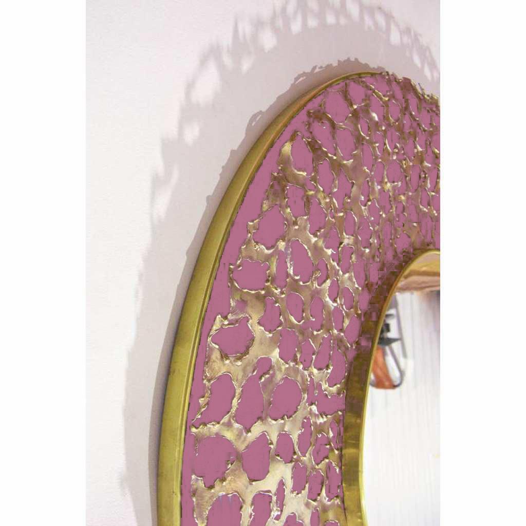 Hand-Crafted Italian Brutalist Perforated Rose Pink Lacquer & Gold Brass Modern Round Mirror For Sale