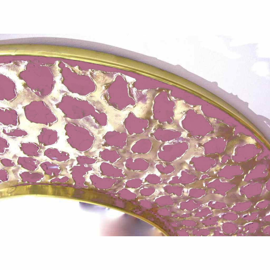 Contemporary Italian Brutalist Perforated Rose Pink Lacquer & Gold Brass Modern Round Mirror For Sale