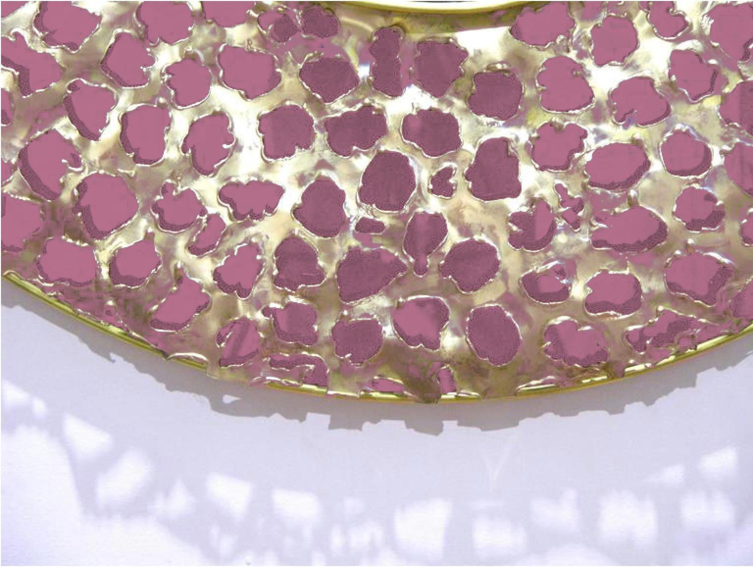 Metal Italian Brutalist Perforated Rose Pink Lacquer & Gold Brass Modern Round Mirror For Sale