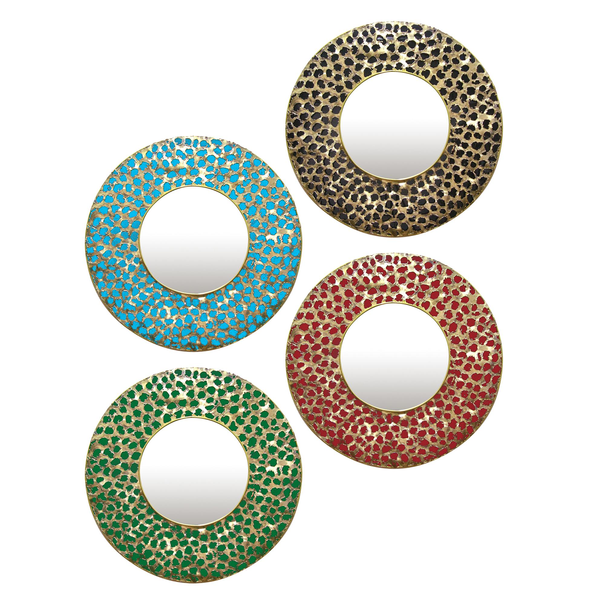 Italian Brutalist Perforated Rose Pink Lacquer & Gold Brass Modern Round Mirror For Sale 1