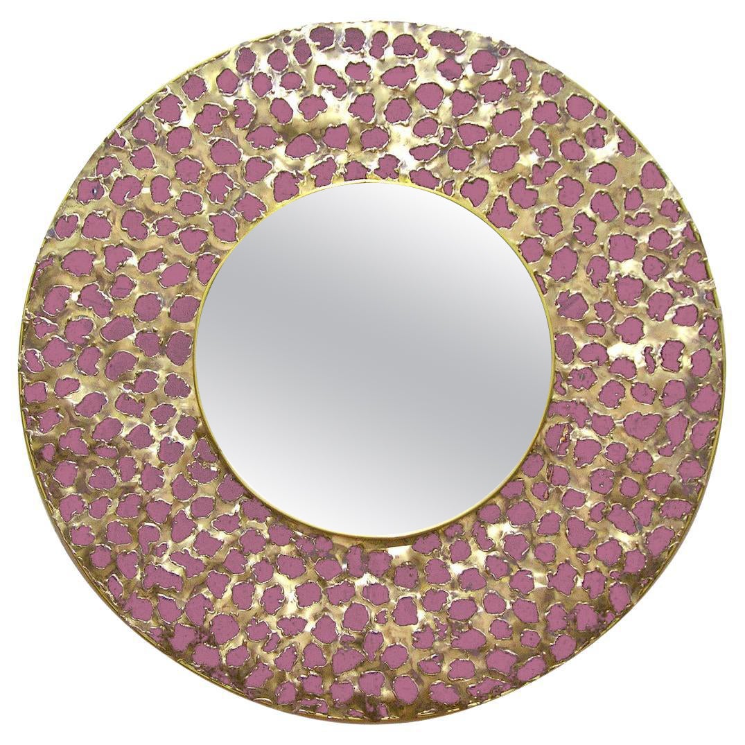 Italian Brutalist Perforated Rose Pink Lacquer & Gold Brass Modern Round Mirror