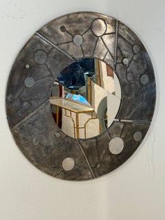 Italian Brutalist Round Mirror with Sculpted Metal Frame, 1970s