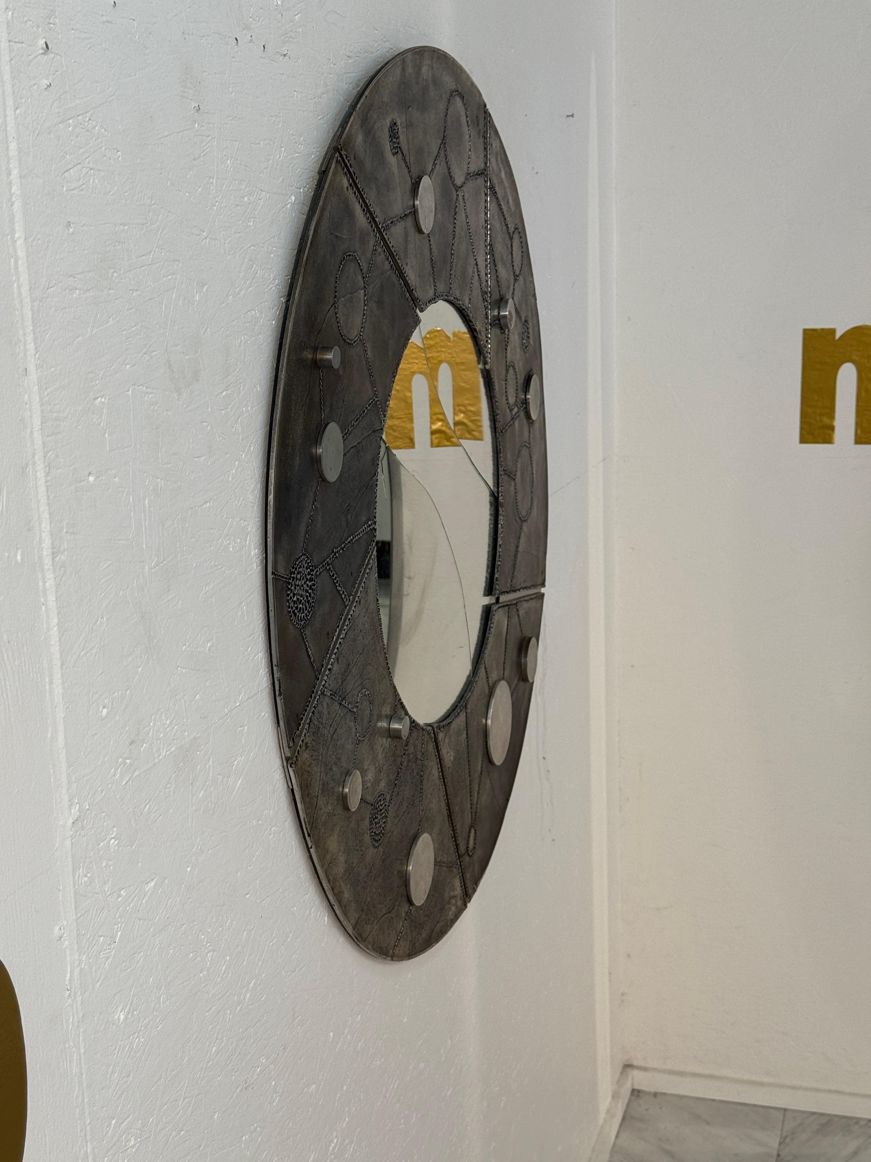 Modern Italian Brutalist Round Mirror with Sculpted Metal Frame, 1970s For Sale