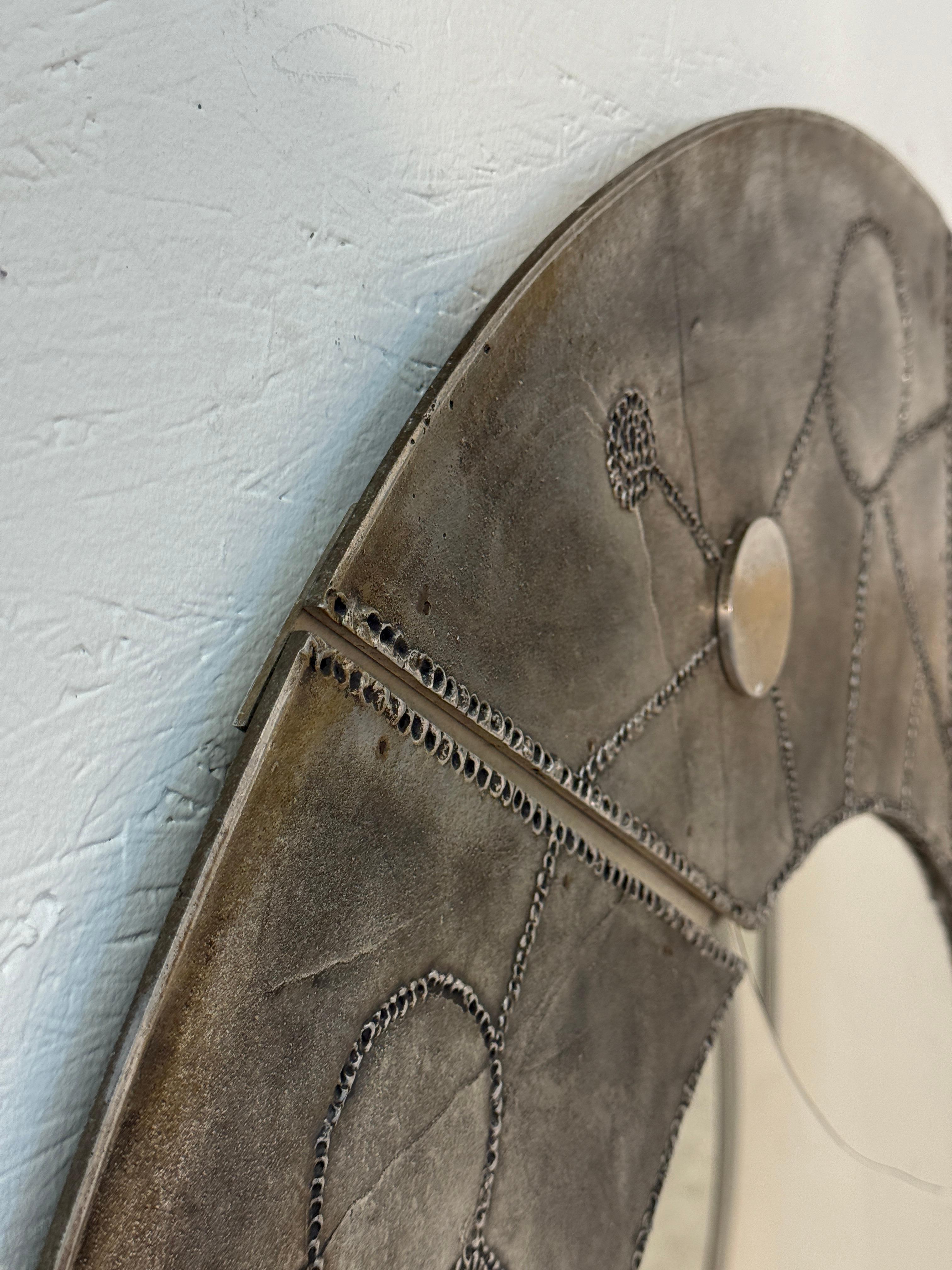 Late 20th Century Italian Brutalist Round Mirror with Sculpted Metal Frame, 1970s For Sale