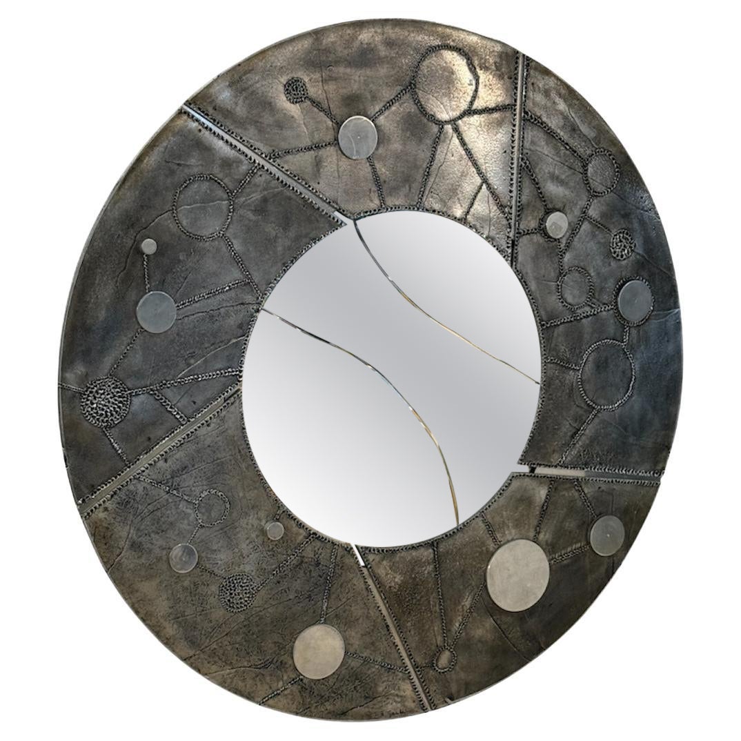 Italian Brutalist Round Mirror with Sculpted Metal Frame, 1970s For Sale