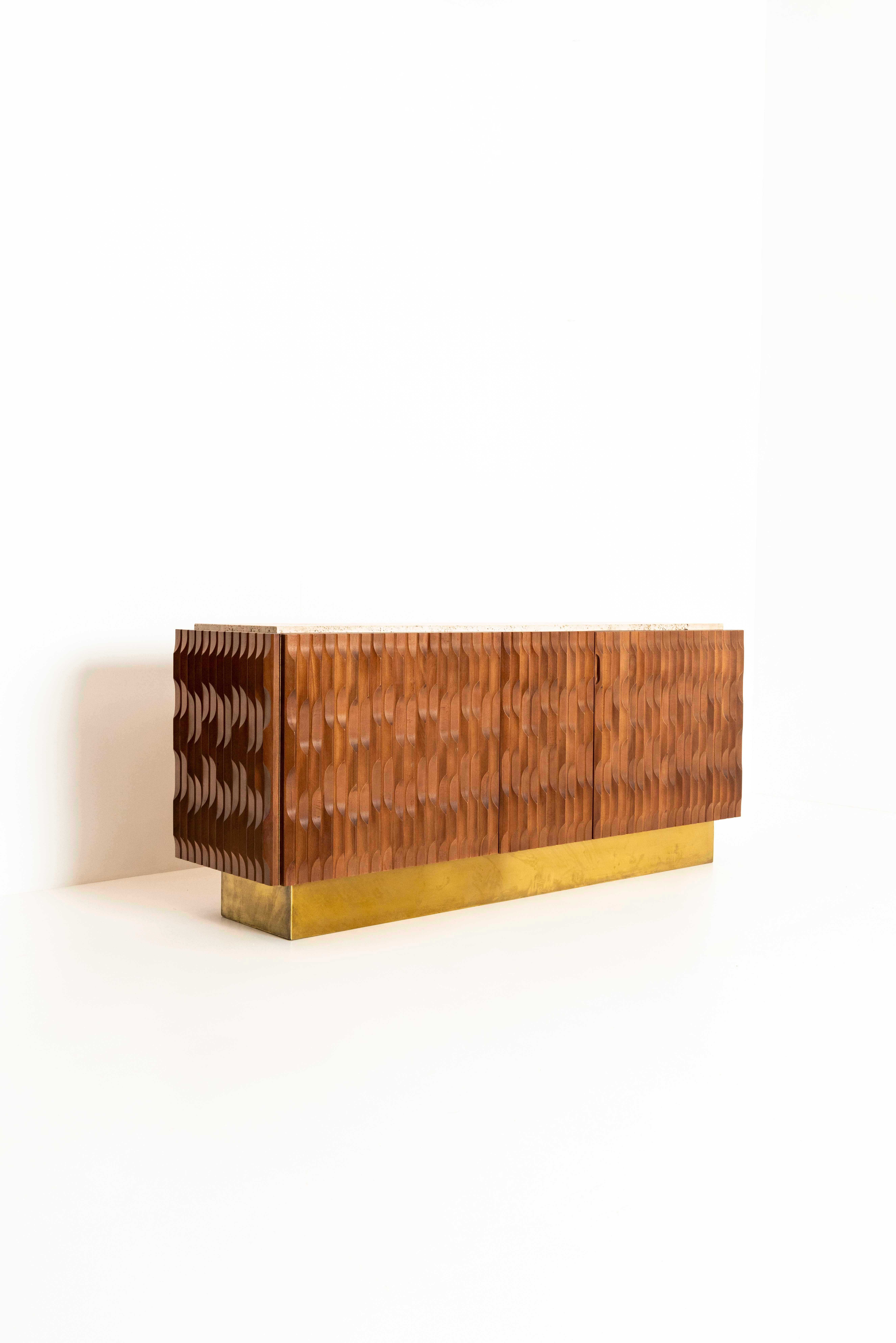 Mid-Century Modern Italian Brutalist Sideboard with Wood, Brass and Travertine, 1970s For Sale