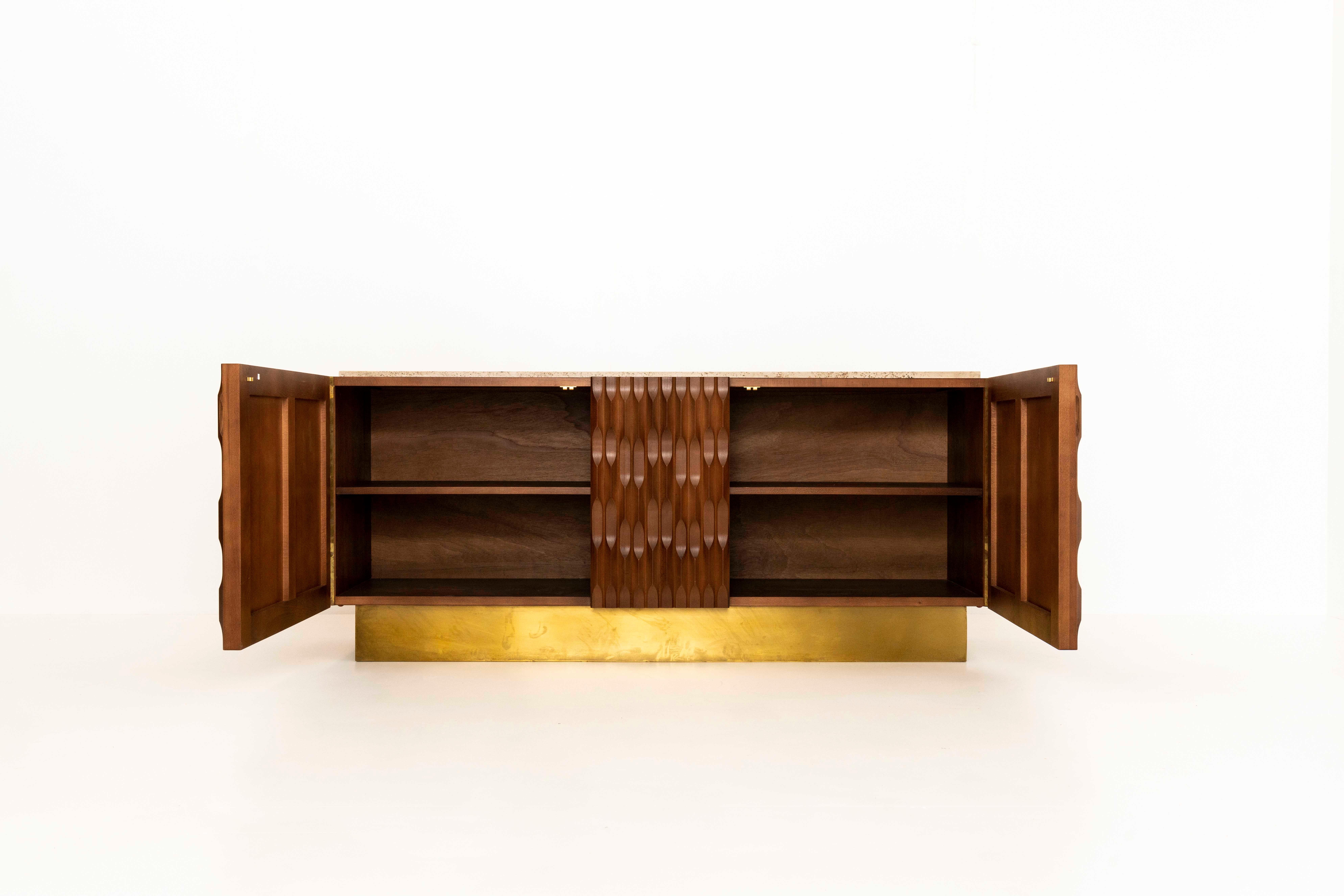 Late 20th Century Italian Brutalist Sideboard with Wood, Brass and Travertine, 1970s For Sale
