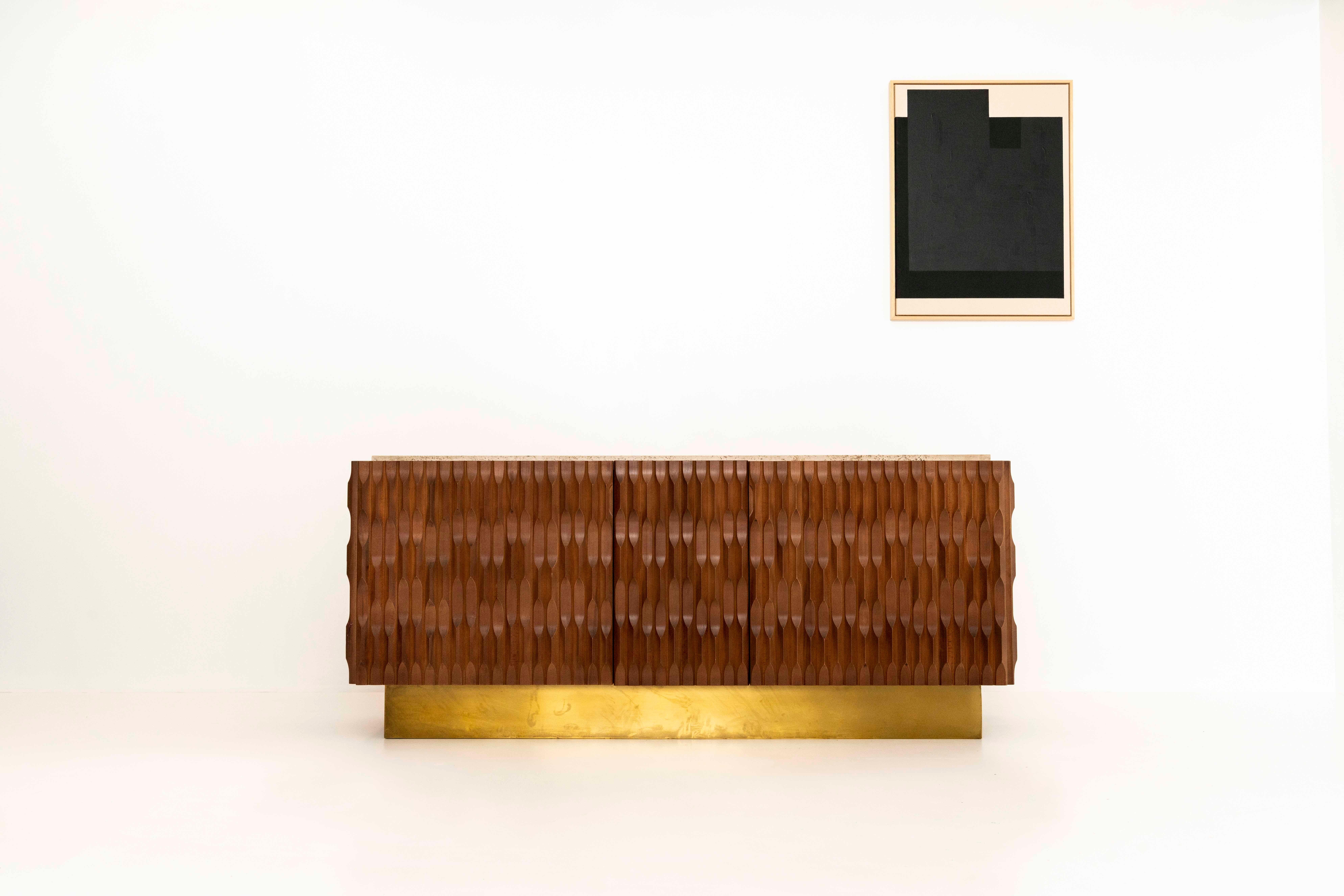 Italian Brutalist Sideboard with Wood, Brass and Travertine, 1970s For Sale 1