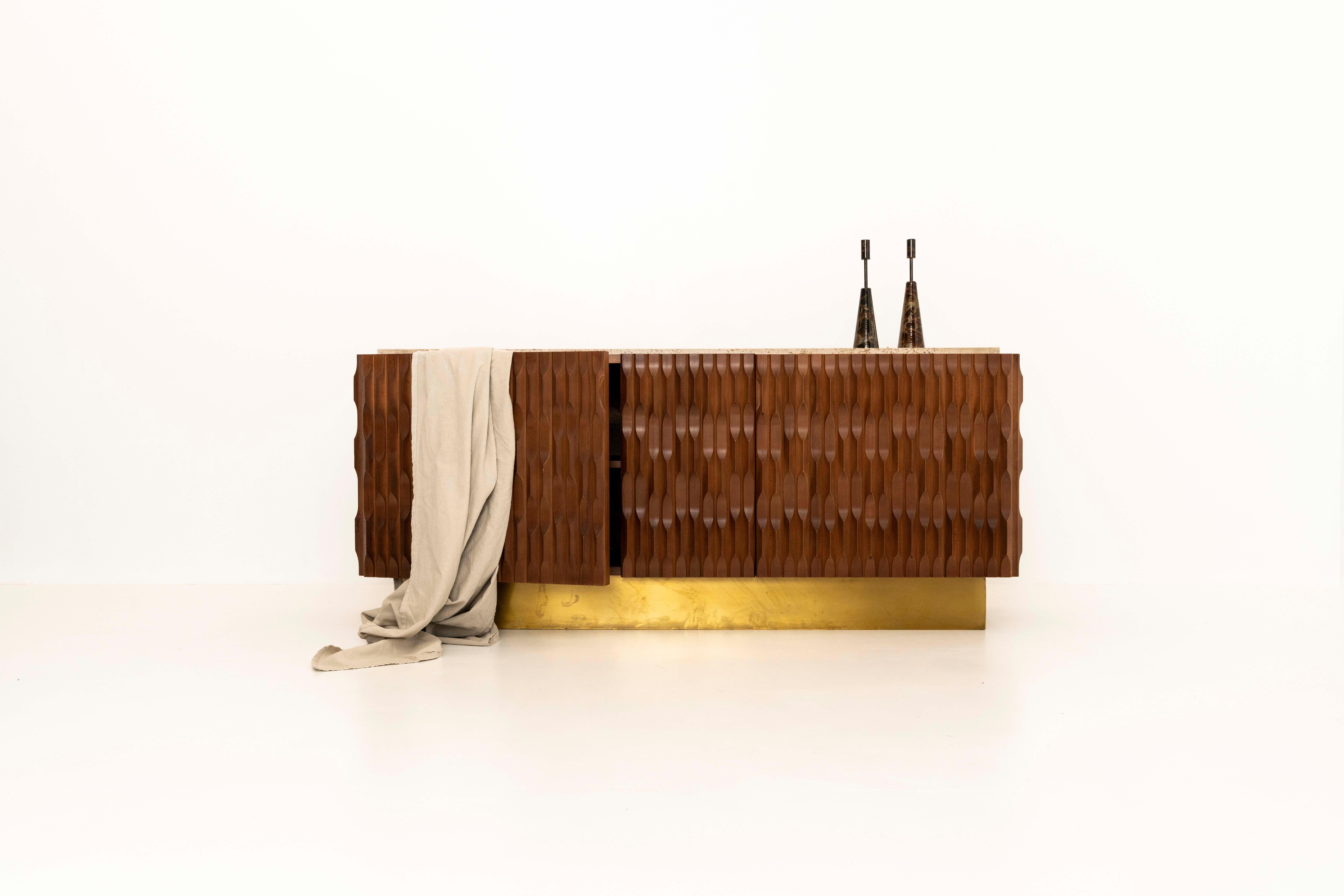 Italian Brutalist Sideboard with Wood, Brass and Travertine, 1970s For Sale 2