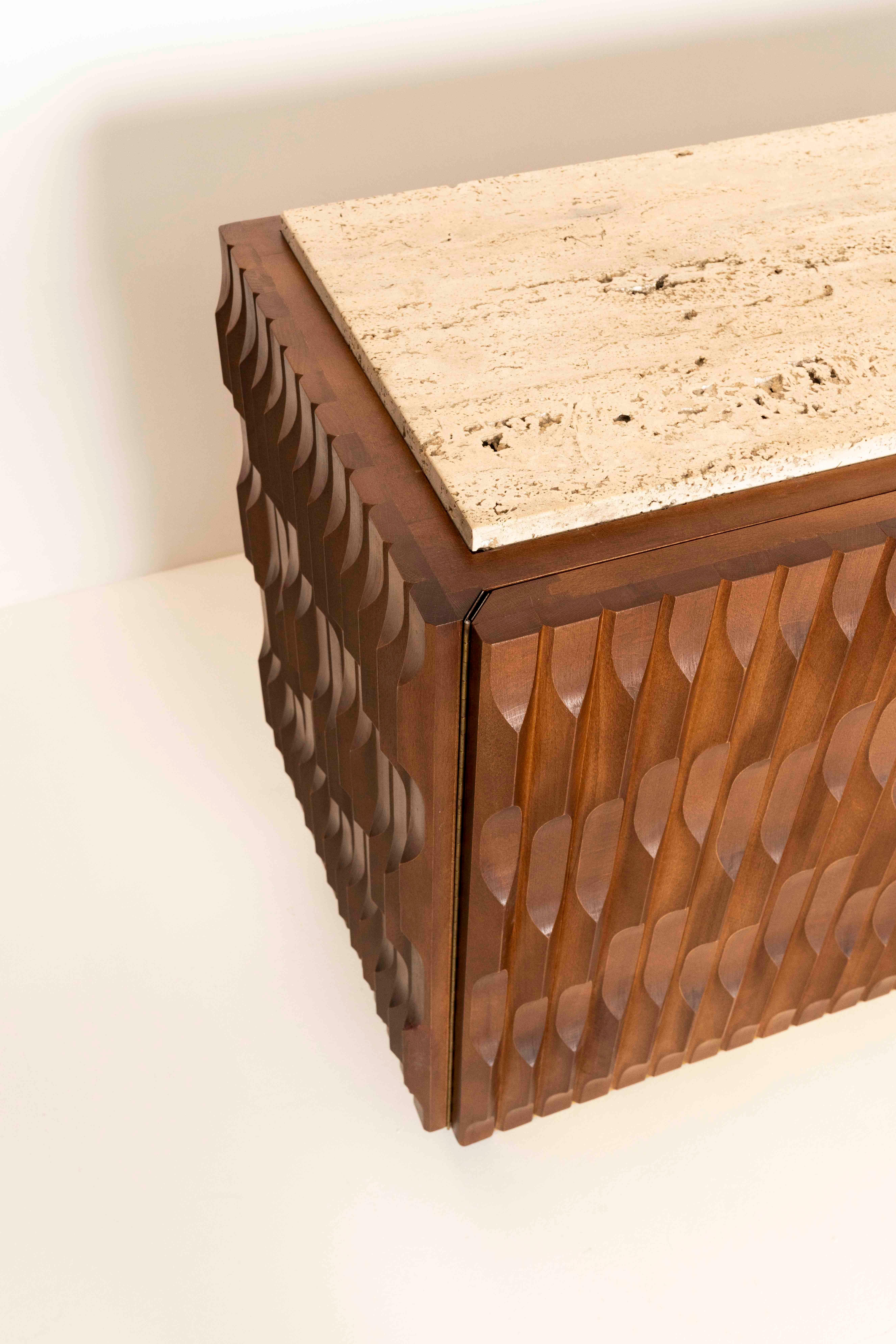Italian Brutalist Sideboard with Wood, Brass and Travertine, 1970s For Sale 4