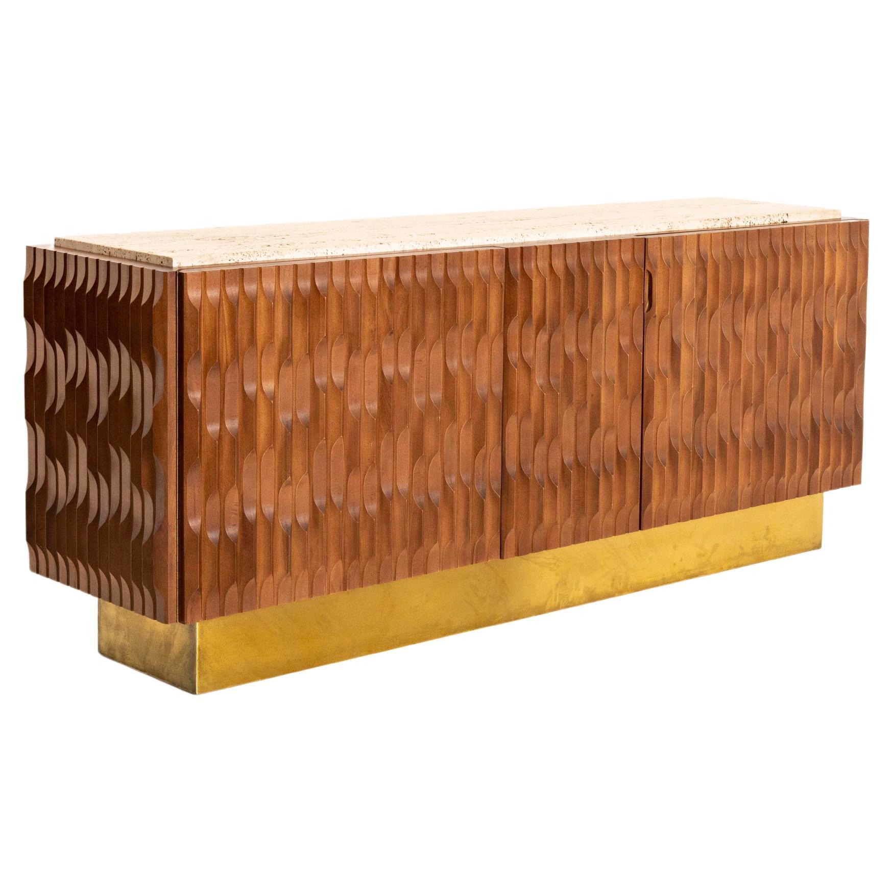 Italian Brutalist Sideboard with Wood, Brass and Travertine, 1970s For Sale
