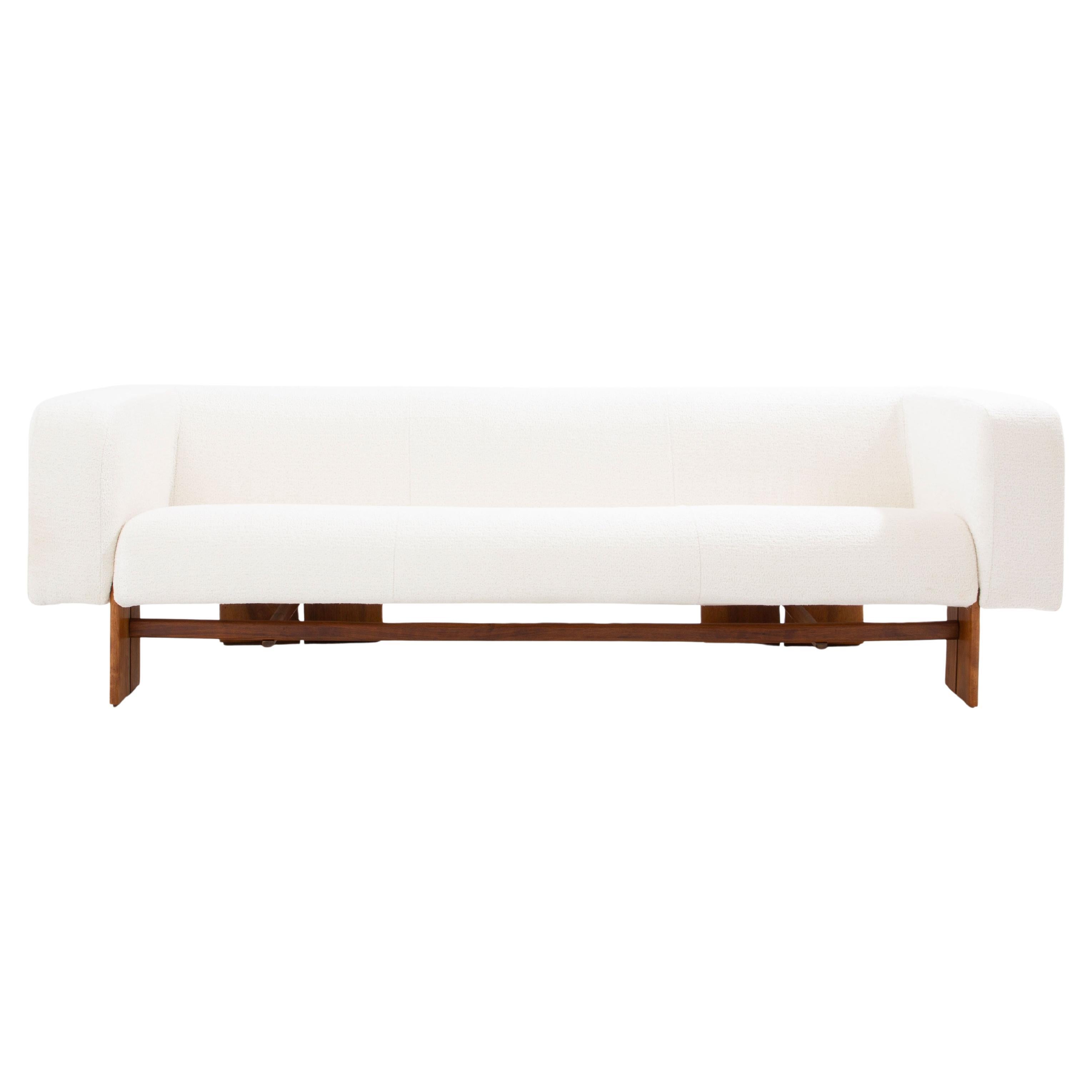 Italian brutalist sofa solid walnut and white chenille velvet 1960s For Sale
