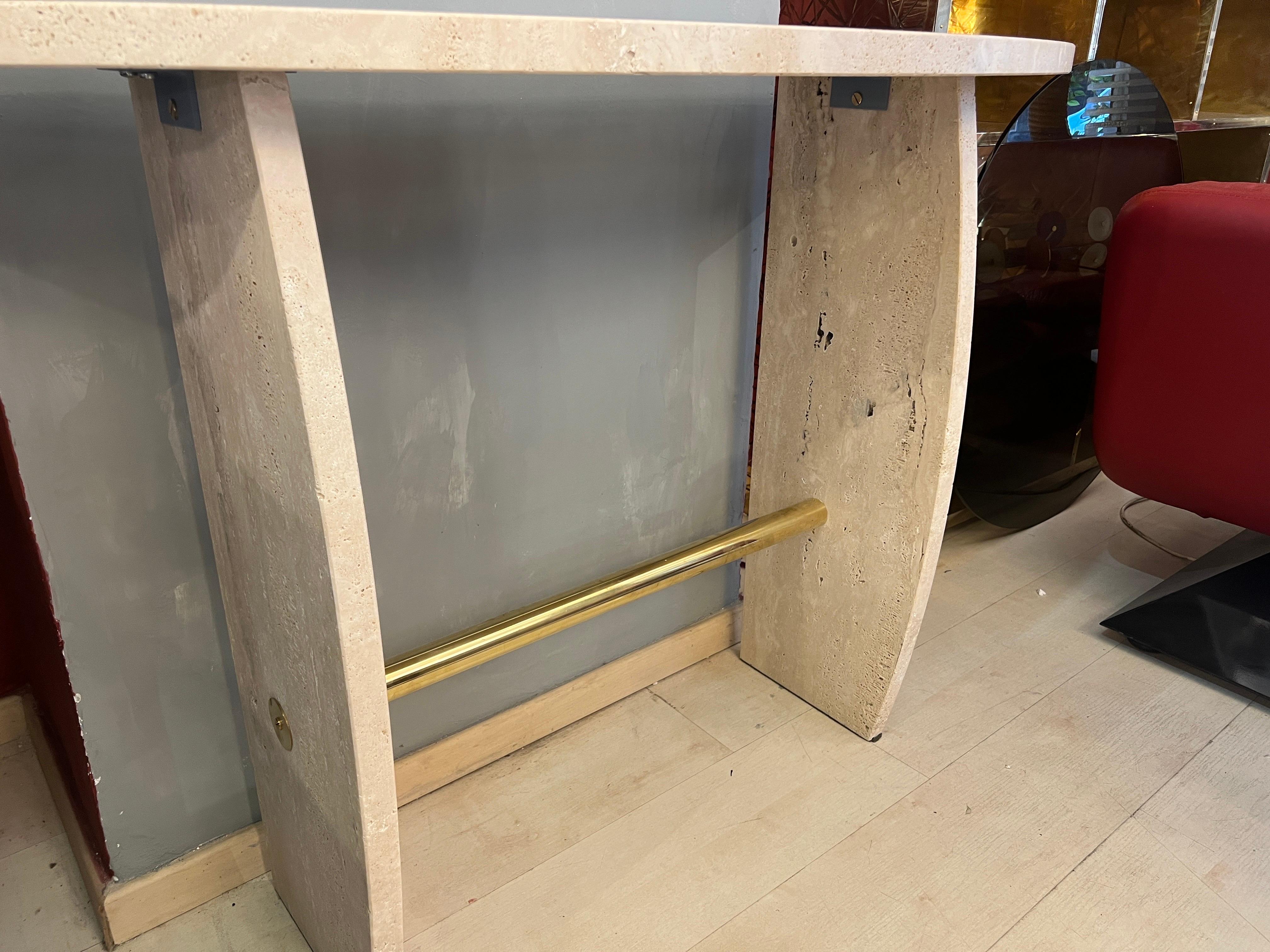 Brass Italian Brutalist Travertine Marble Console Table 1980 For Sale