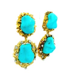 Italian Brutalist Turquoise Diamond 14 Karat Gold Sculptural Drop Earrings