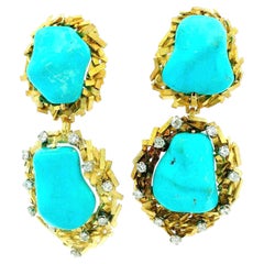 Italian Brutalist Turquoise Diamond 14 Karat Gold Sculptural Drop Earrings