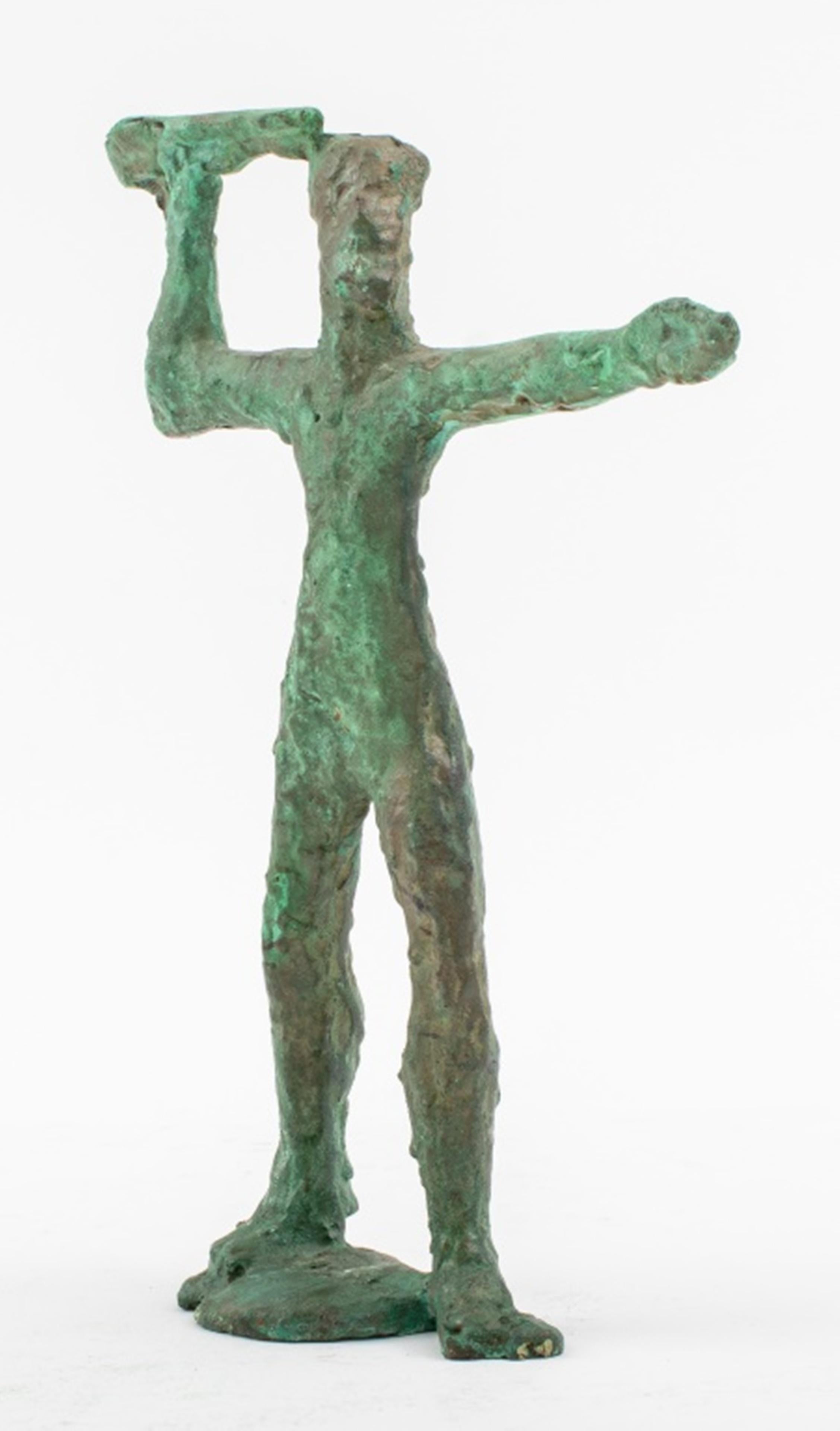 Italian Brutalist verdigris bronze sculpture of the Roman God Jupiter, wielding his thunderbolt. 9/5