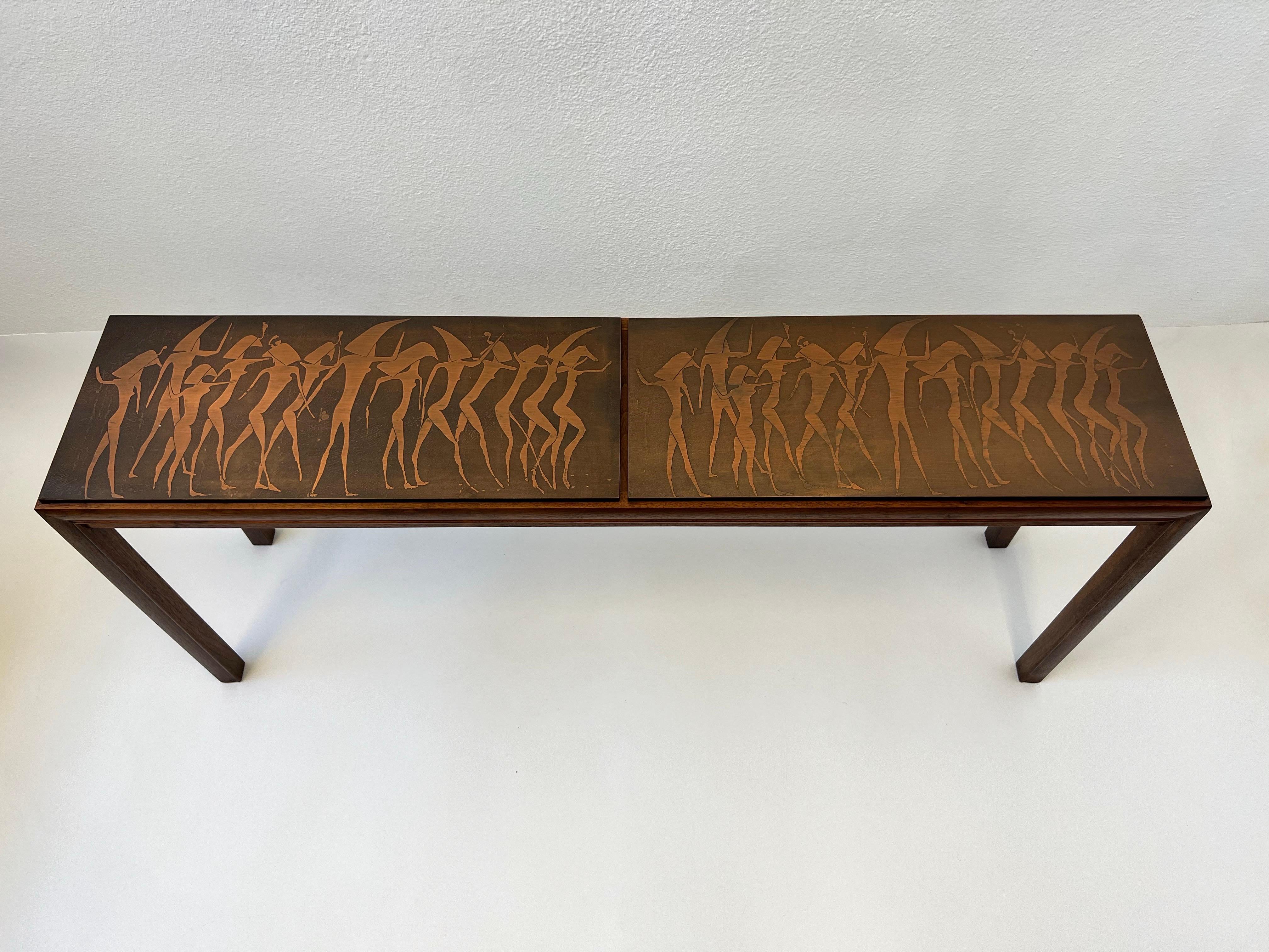 1970s Italian Brutalist walnut and Copper top console table by G. Urso. 
Constructed of solid walnut with a tribal acid etched design copper top.
Hand signed G. Urso Italy.