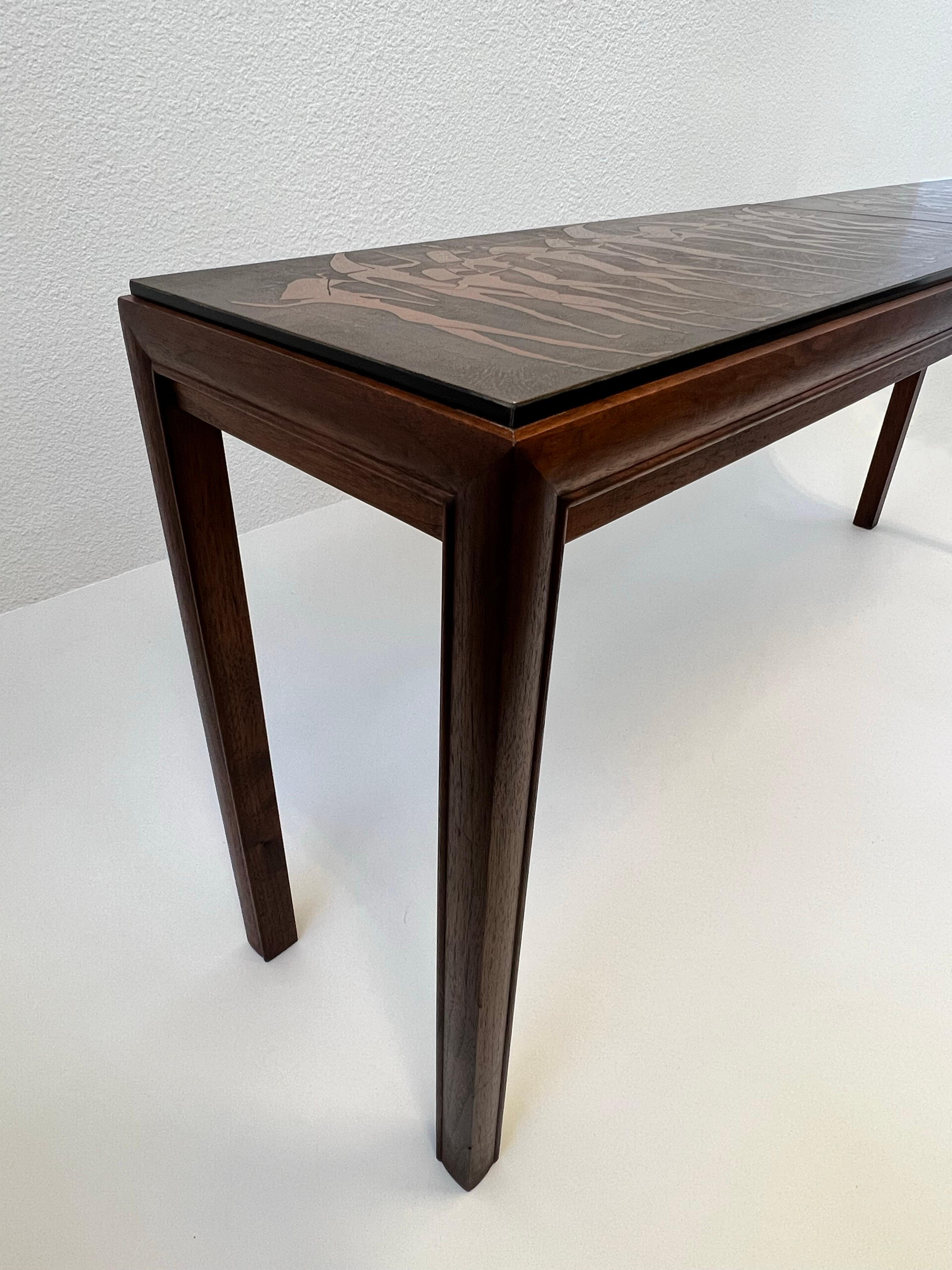 Stained Italian Brutalist Walnut and Copper Console Table by G. Urso For Sale