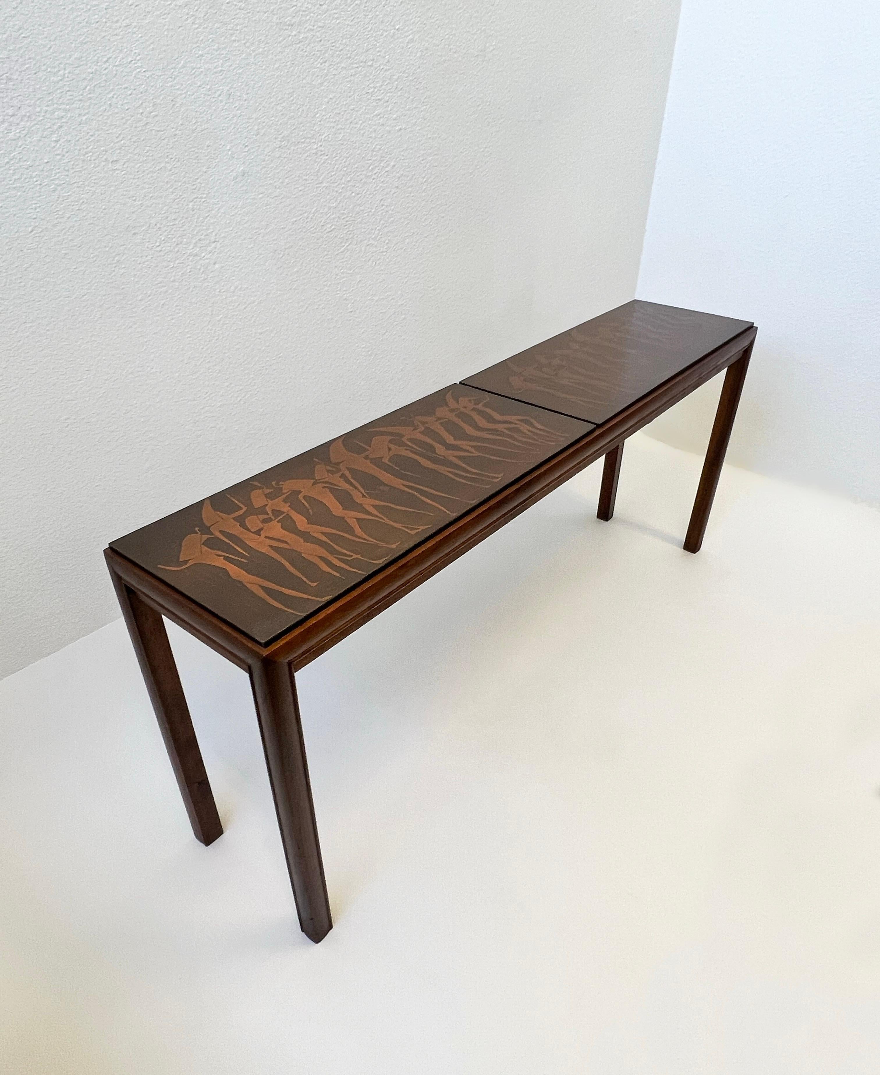 Italian Brutalist Walnut and Copper Console Table by G. Urso In Good Condition For Sale In Palm Springs, CA