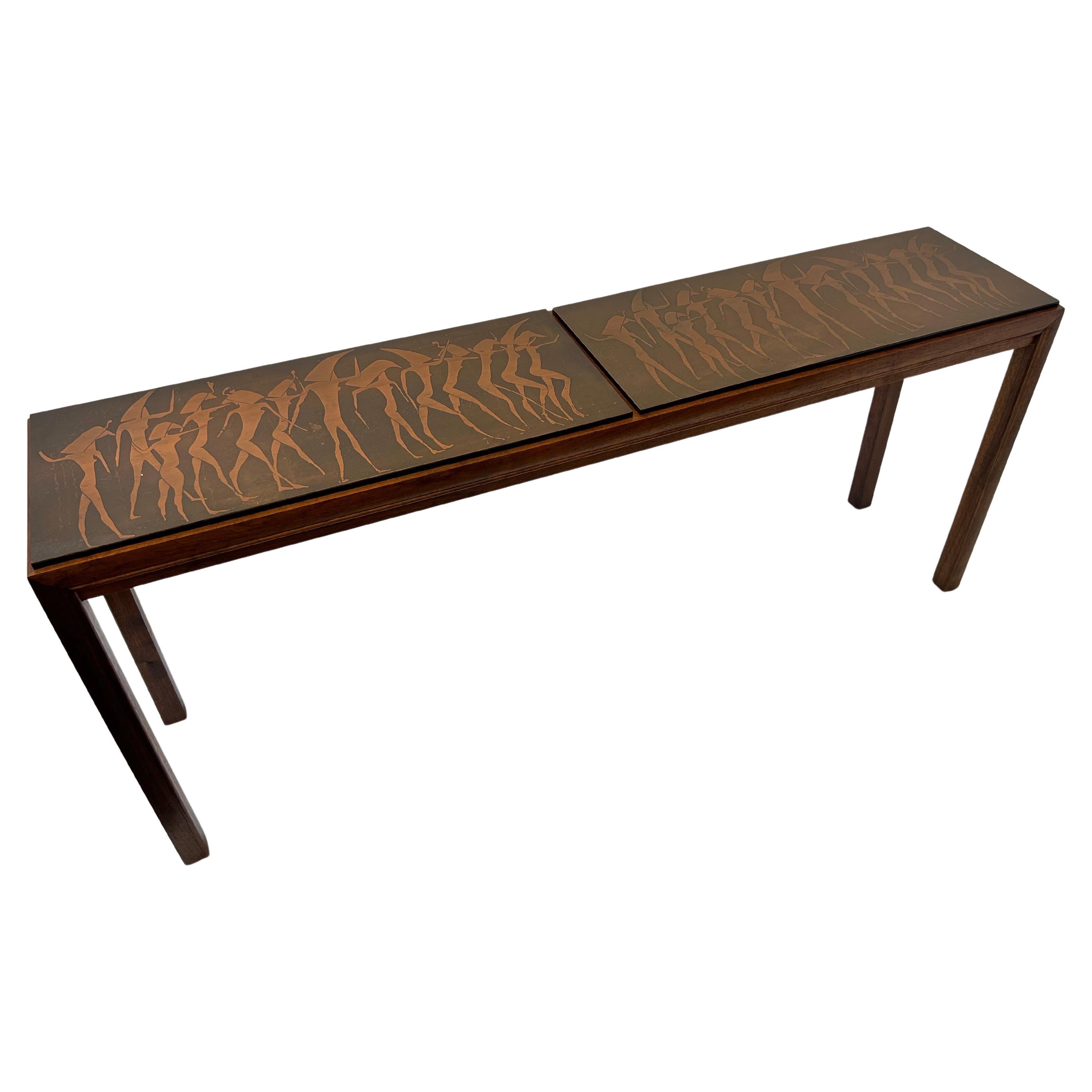 Italian Brutalist Walnut and Copper Console Table by G. Urso For Sale