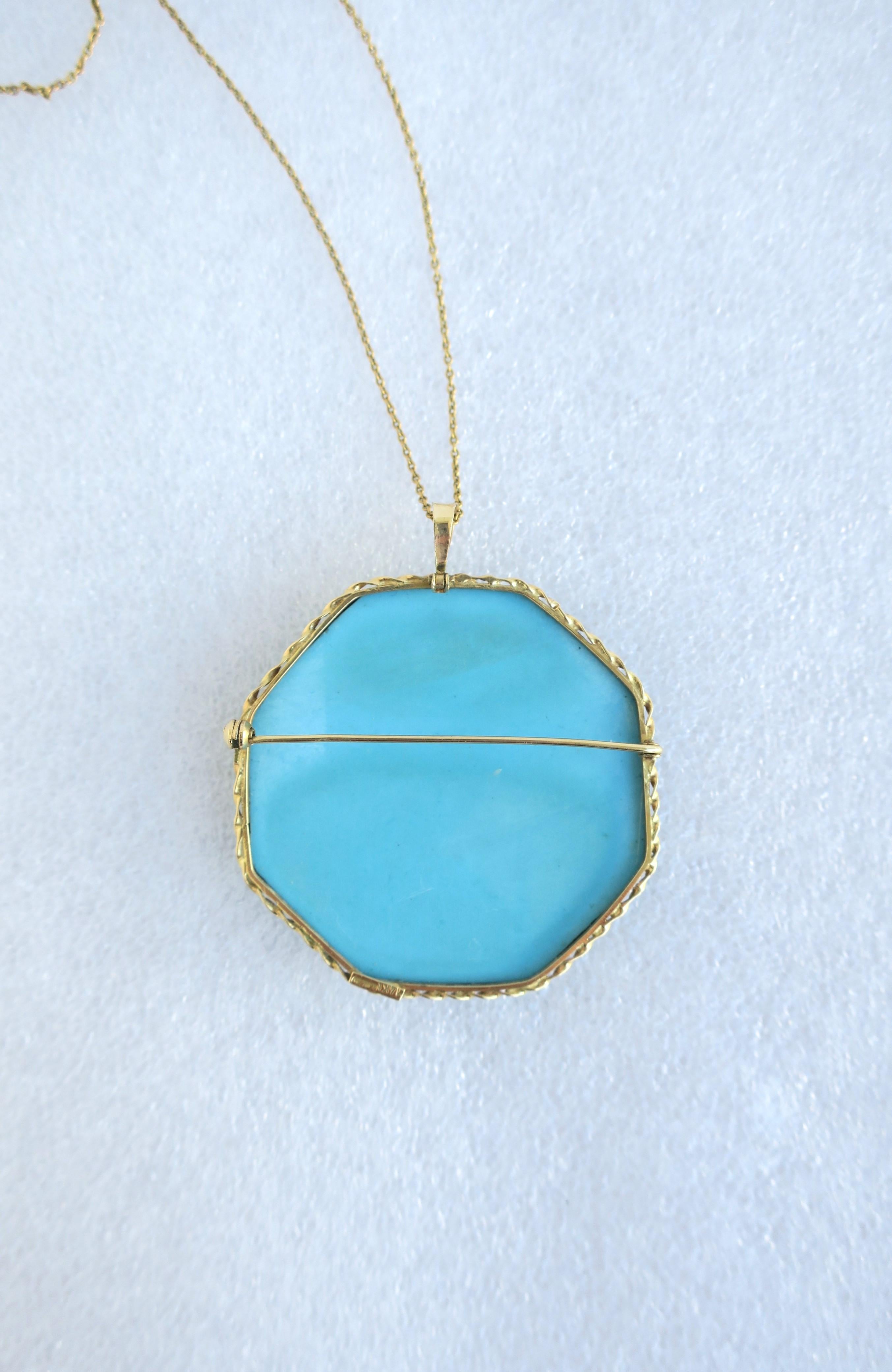 Italian Turquoise and 14-Karat Gold Pendant Necklace and Brooch Buccellati Style 13
