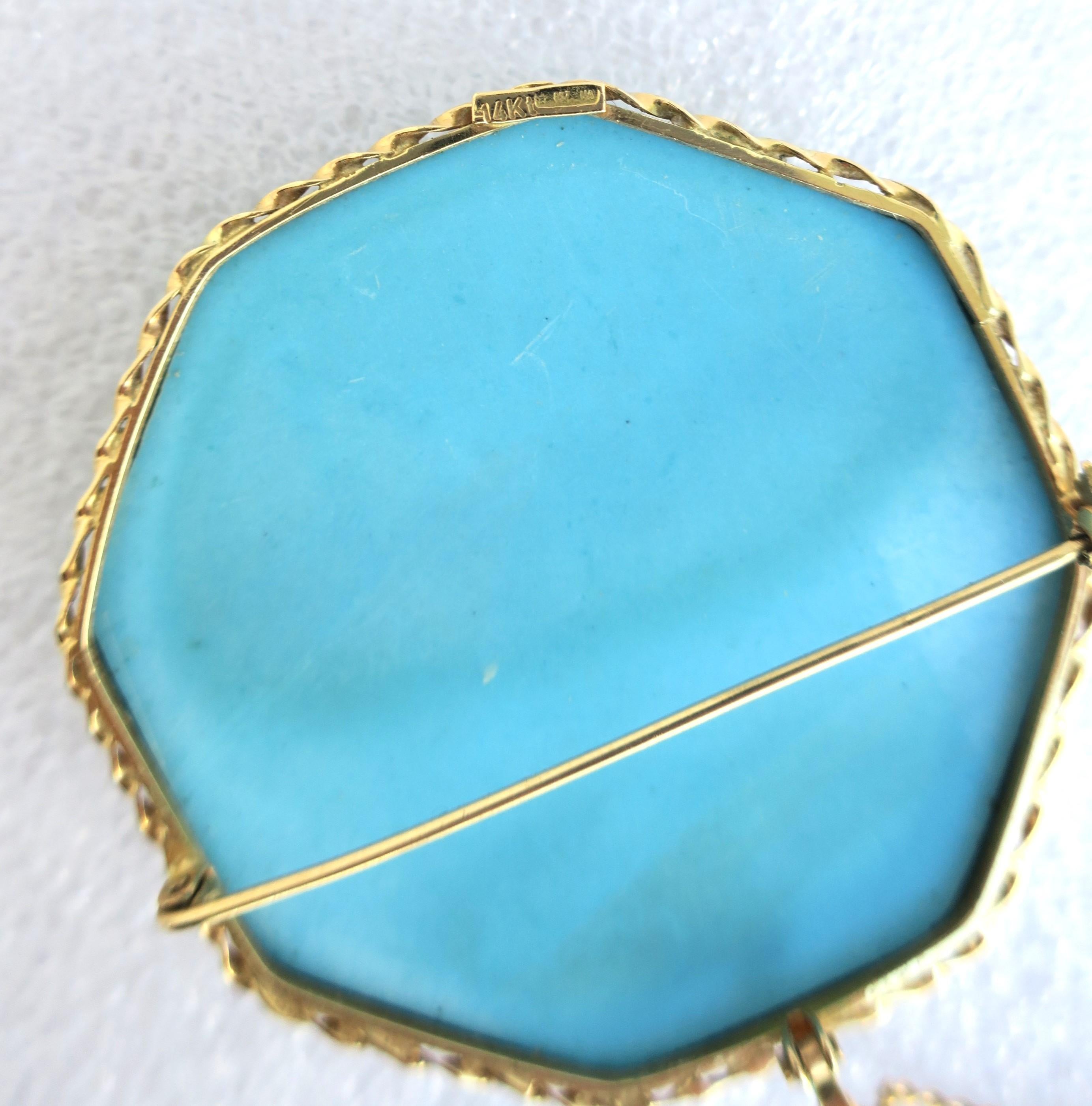 Italian Turquoise and 14-Karat Gold Pendant Necklace and Brooch Buccellati Style 14