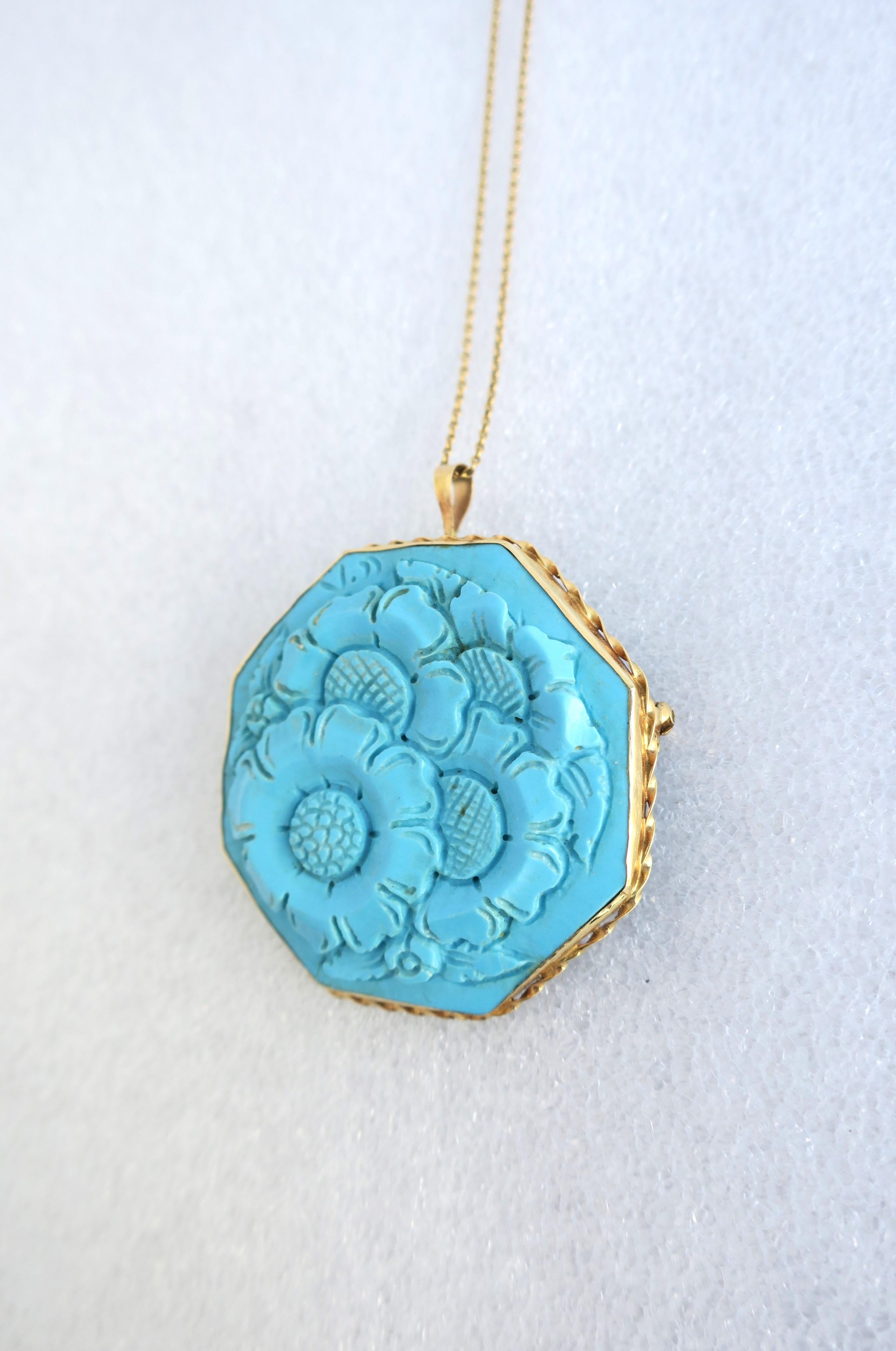 Italian Turquoise and 14-Karat Gold Pendant Necklace and Brooch Buccellati Style 8