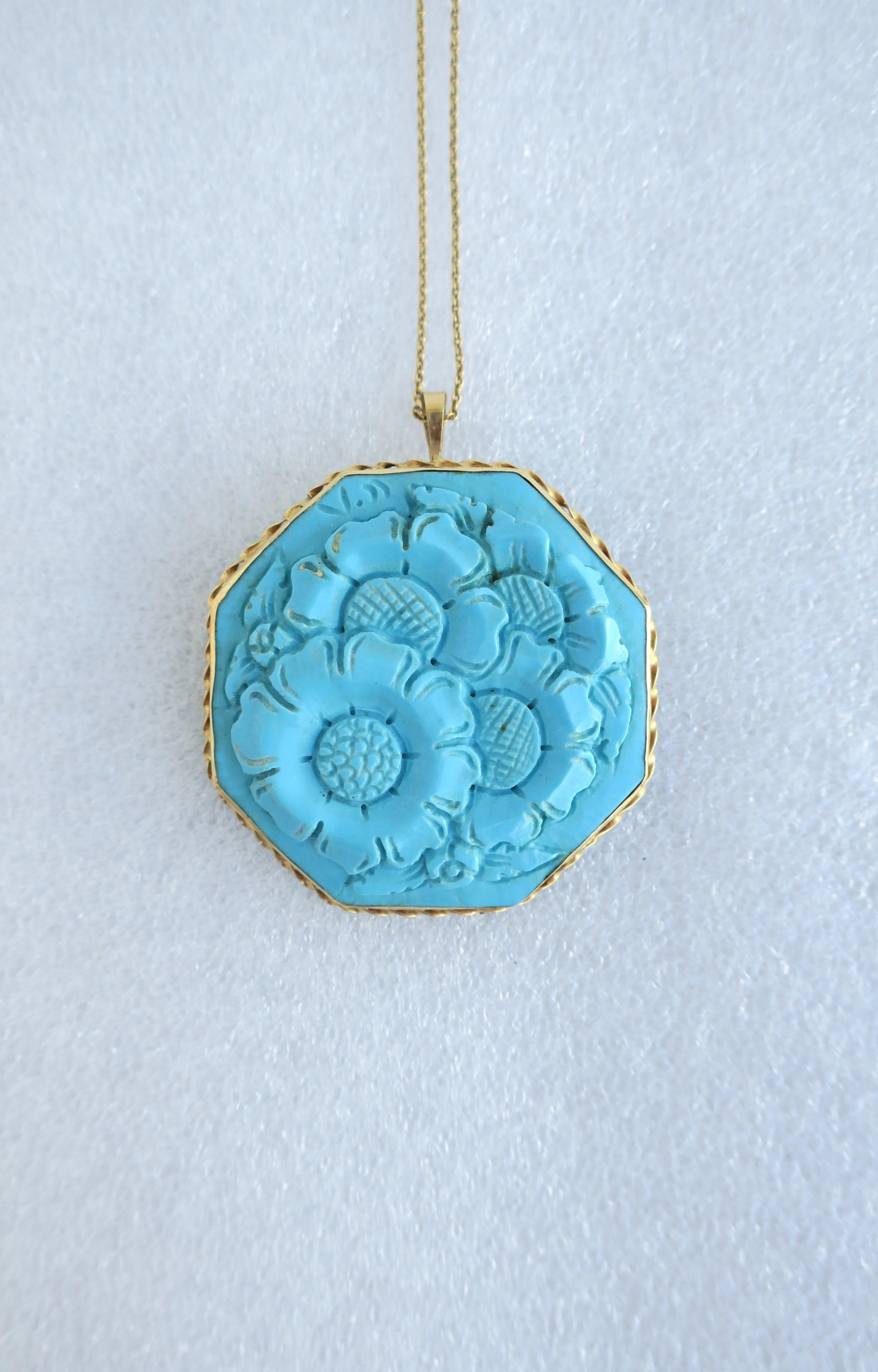 Italian Turquoise and 14-Karat Gold Pendant Necklace and Brooch Buccellati Style In Good Condition In New York, NY