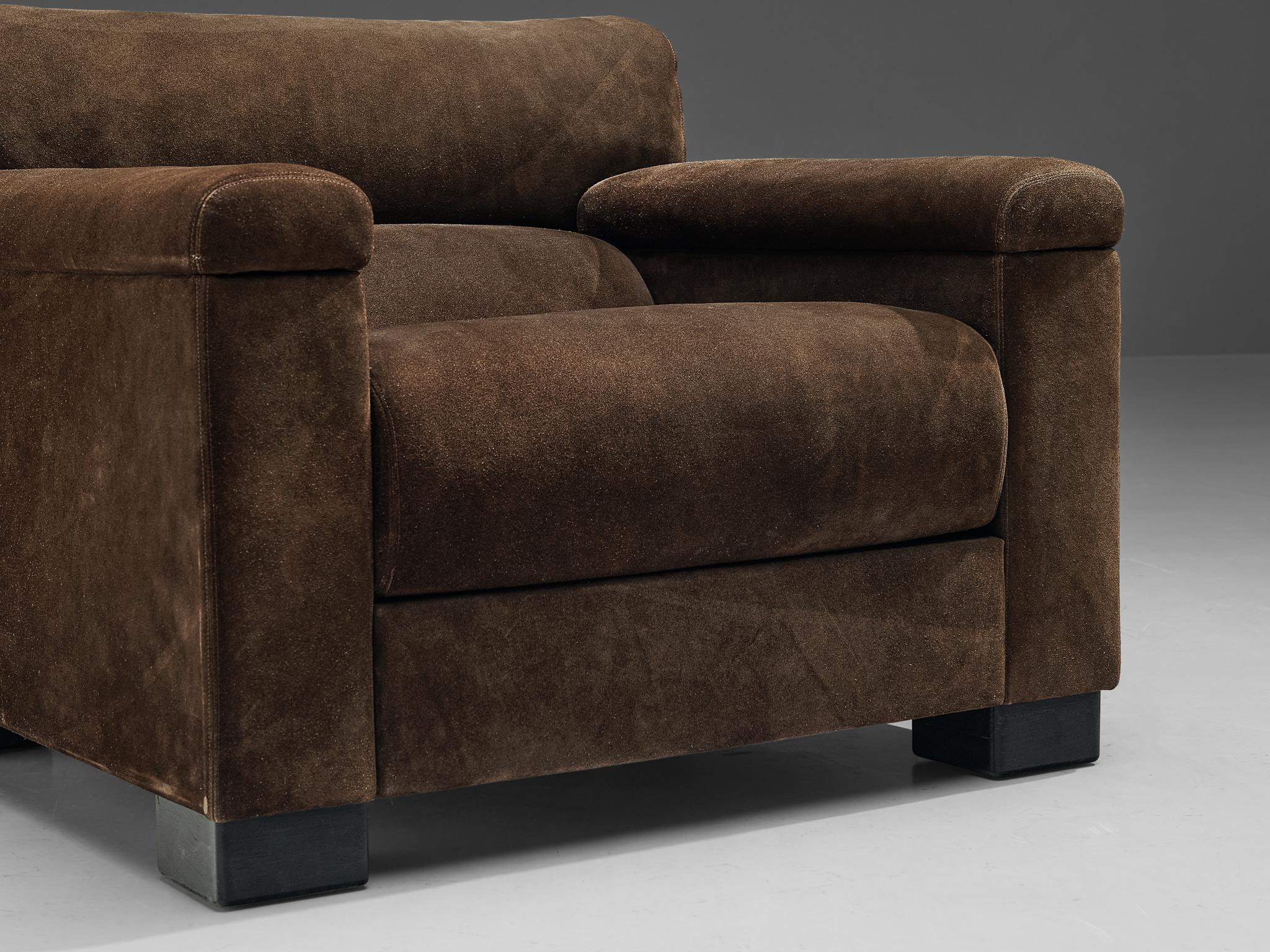 Mid-Century Modern Tecno Italian Bulky Lounge Chair in Dark Brown Suede For Sale