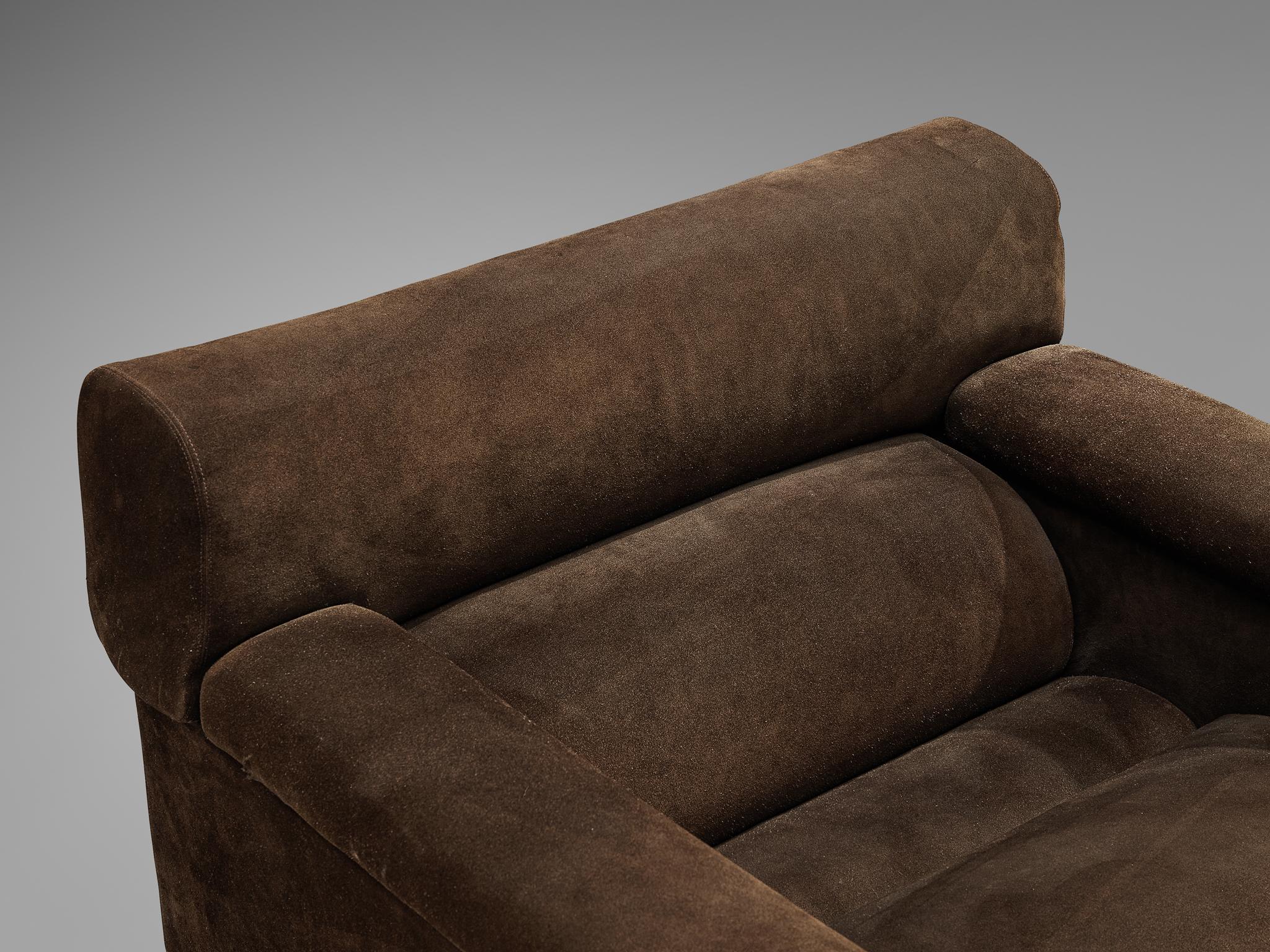 Tecno Italian Bulky Lounge Chair in Dark Brown Suede In Good Condition For Sale In Waalwijk, NL