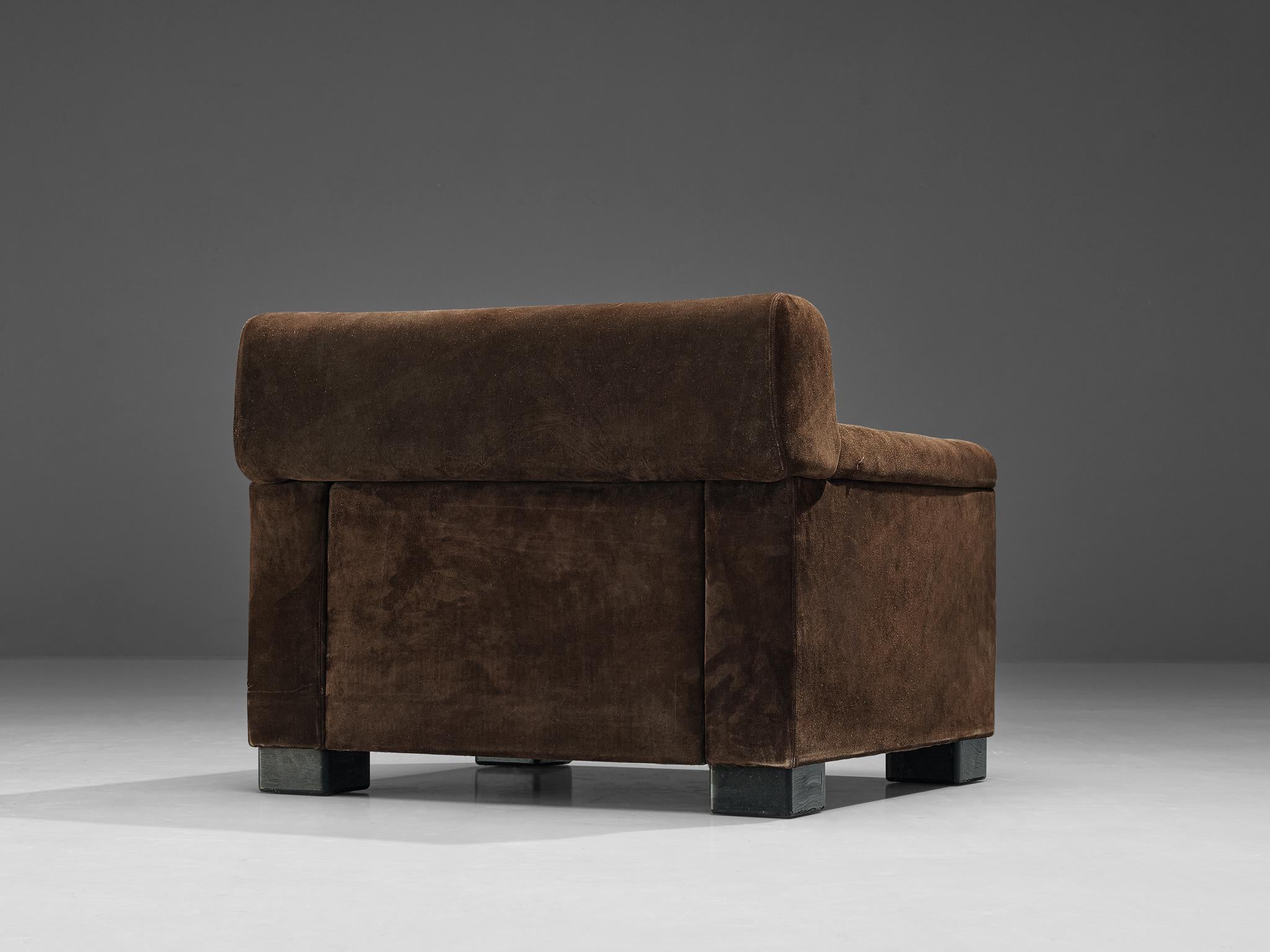 Mid-20th Century Tecno Italian Bulky Lounge Chair in Dark Brown Suede For Sale