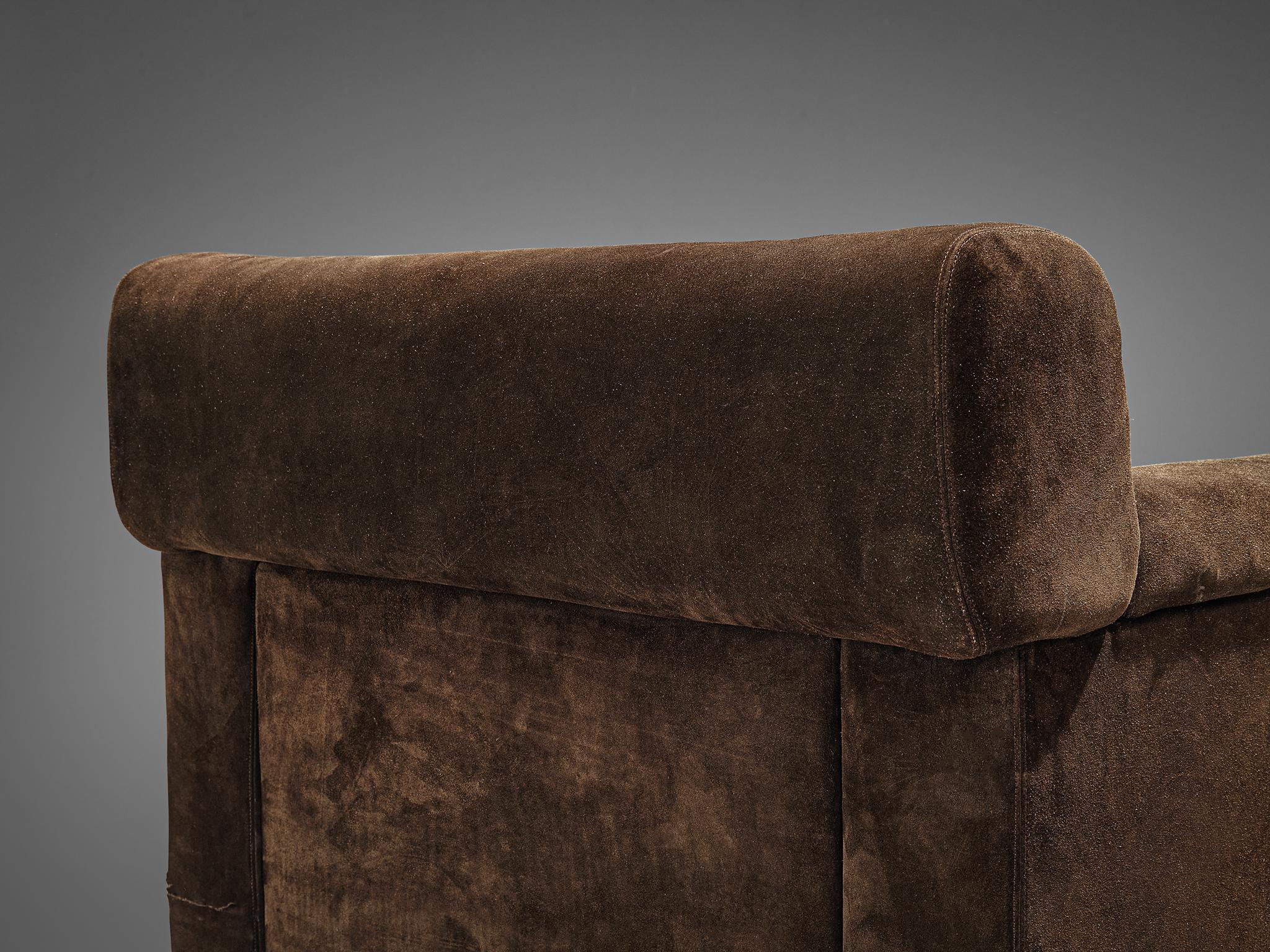 Tecno Italian Bulky Lounge Chair in Dark Brown Suede For Sale 1