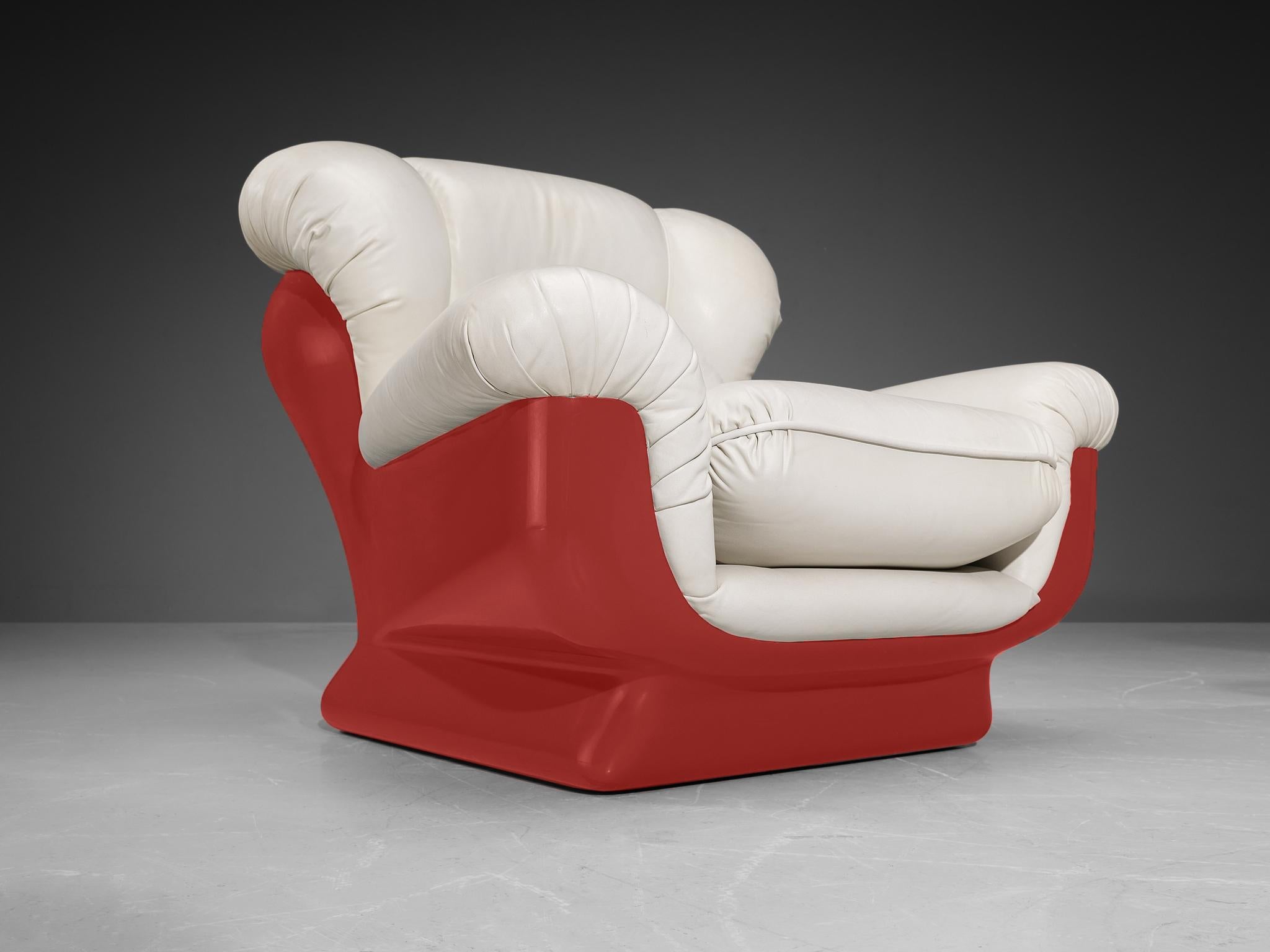 Post-Modern Italian Bulky Pair of Lounge Chairs in Red Fiberglass and Leatherette For Sale